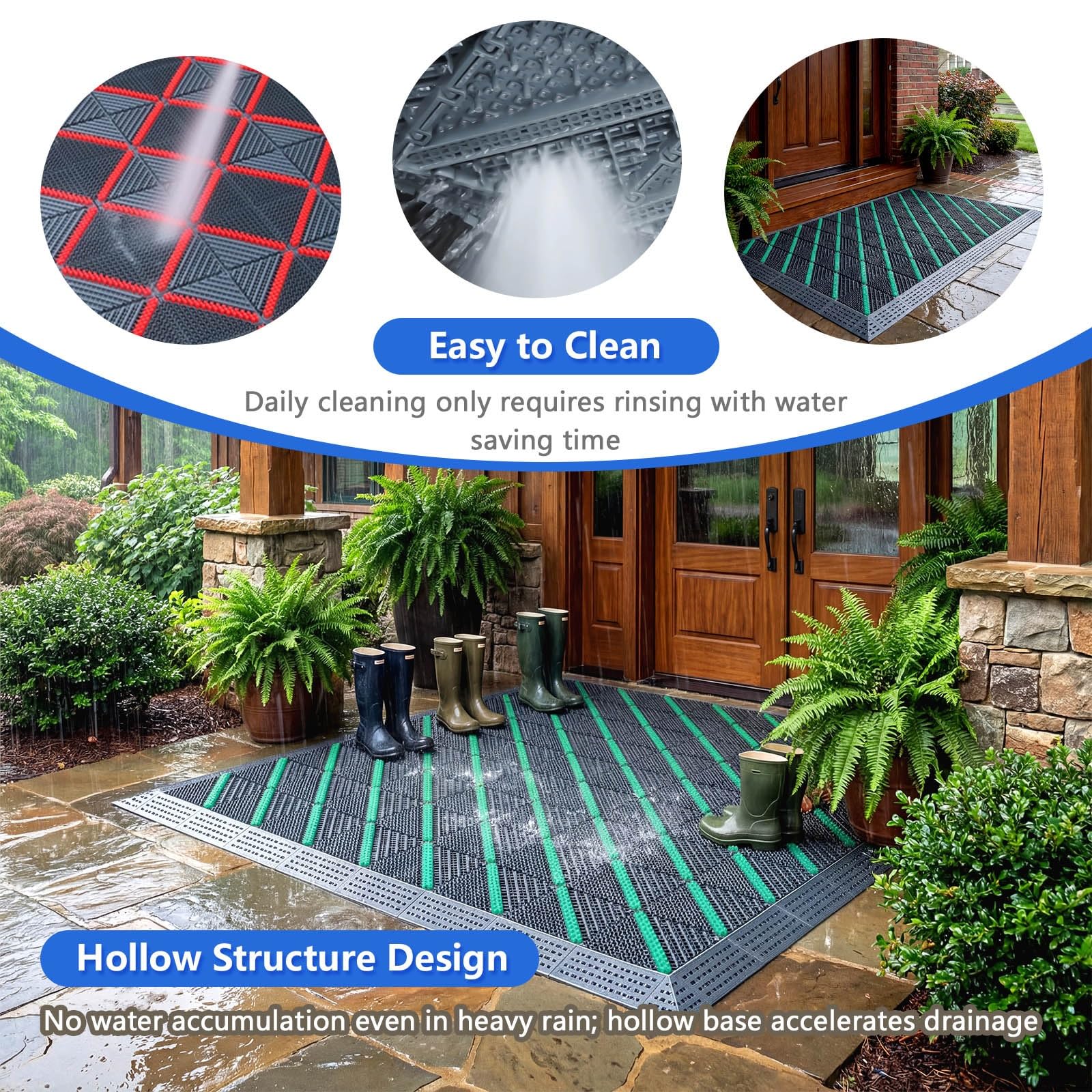 Paillasson d'entrée avec carreaux emboîtables et brosse, durable, robuste, antidérapant, intérieur/extérieur, toutes saisons, facile à nettoyer pour garage, terrasse, entrée à grande circulation