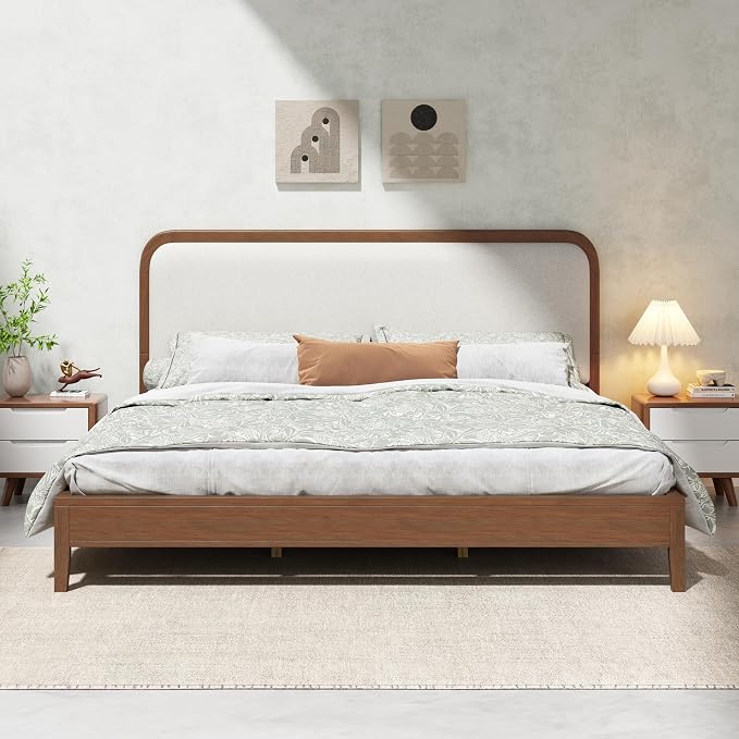 Merax Acacia Wood King Bed Frame with Beige Polyester Upholstered Headboard, Sturdy 6 Middle Legs, Under-Bed Storage Space, Brown Oak Color with Glaze Tone