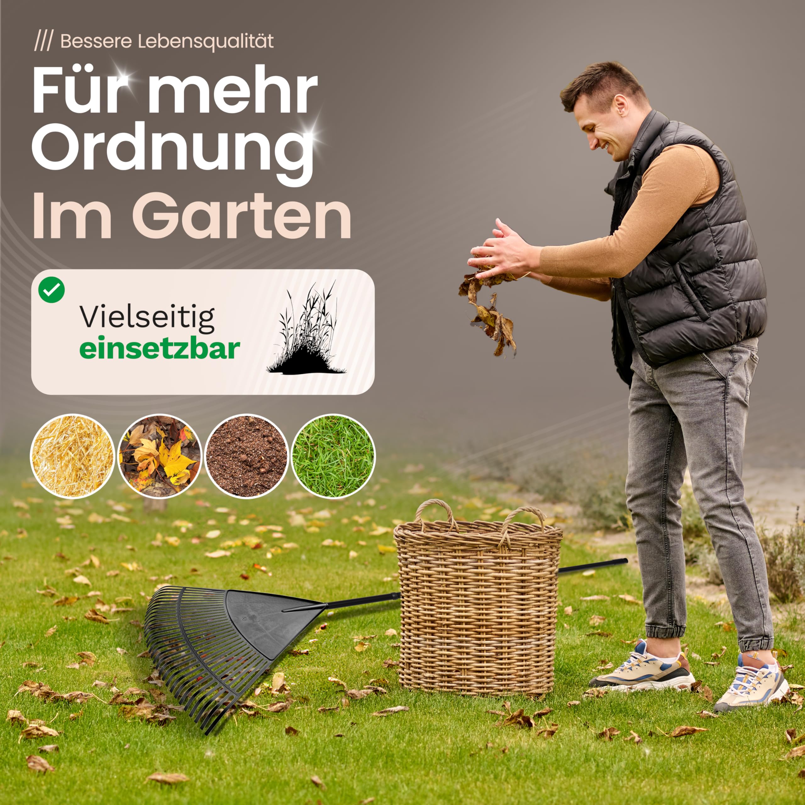 Novatool 4X Laubbesen mit 4tlg Steck- & Schraubstiel, Laubfeger mit 30 Kunststoff-Zinken, Rechen Arbeitsbreite 75cm, Laubrechen, Gartenbesen, Rasenrechen, Harke, Landschaftsbesen, Gartengerät Schwarz