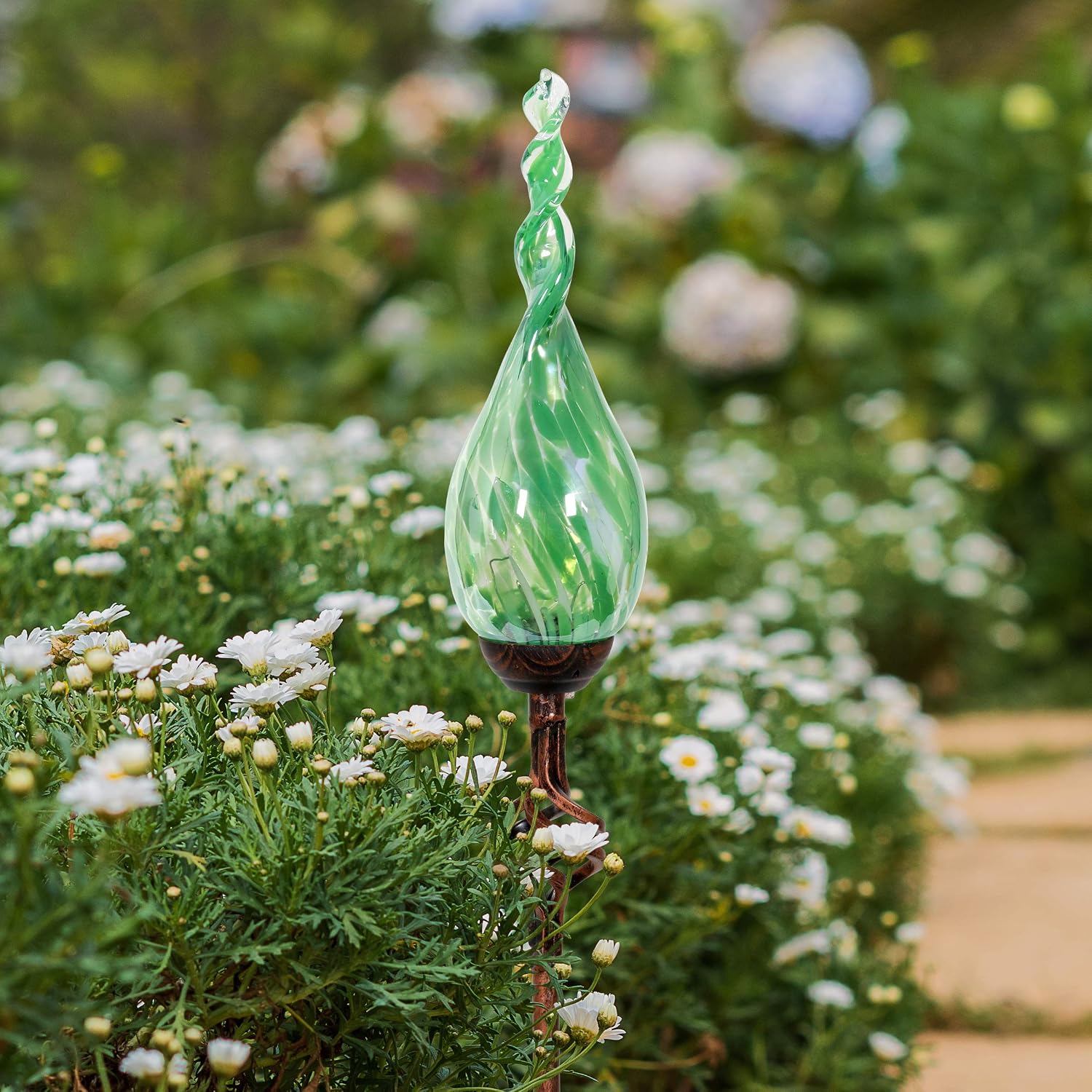 Exhart Garden Solar Lights, Decorative LED Flame Garden Stake, Hand Blown Glass and Metal Outdoor Decoration, Twist Green, 3 x 36 Inch