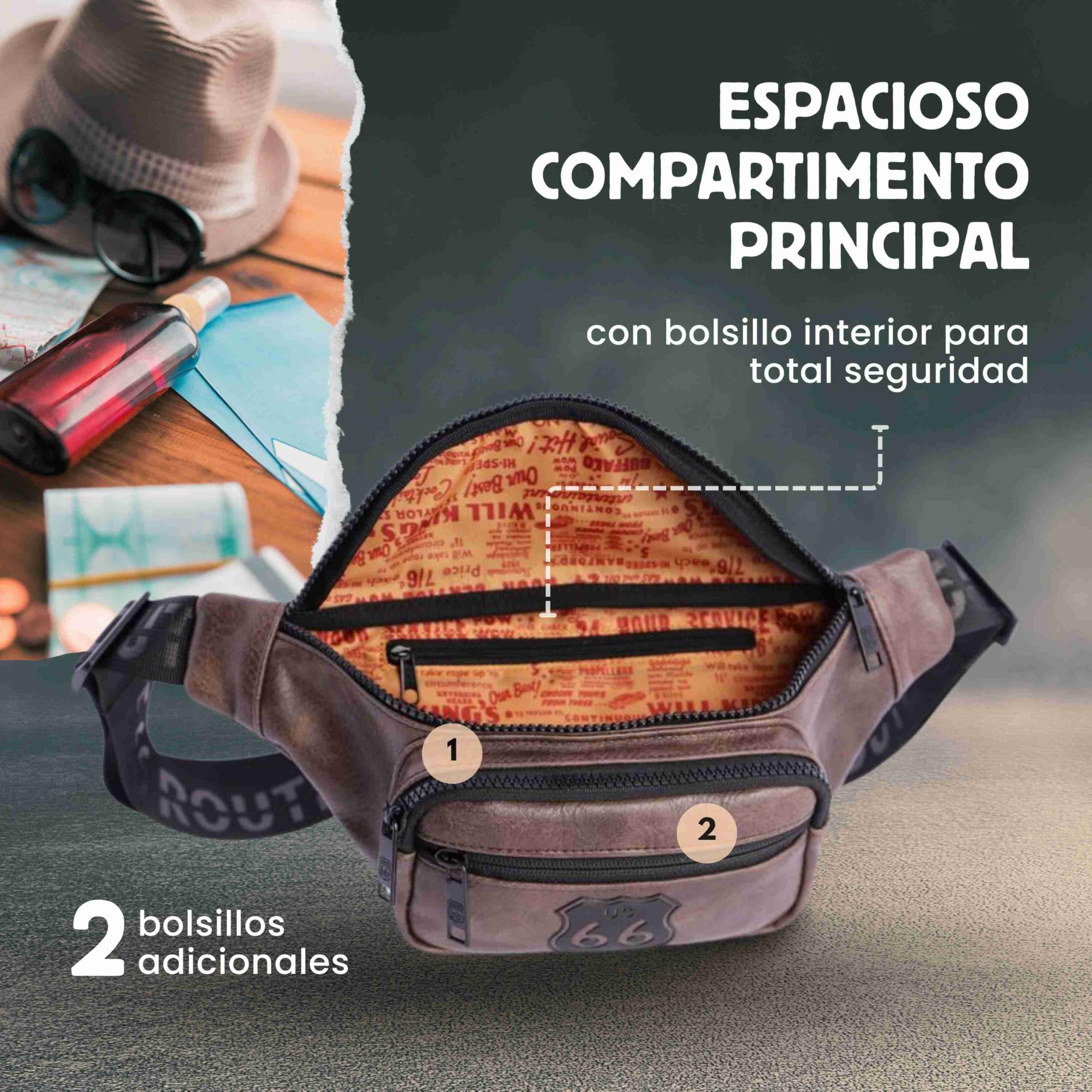 ROUTE 66 Homme Ruben Cuir synthétique-Sac Banane élégant avec 2 Avant, 3 Compartiments avec Fermeture éclair et Poche intérieure zippée