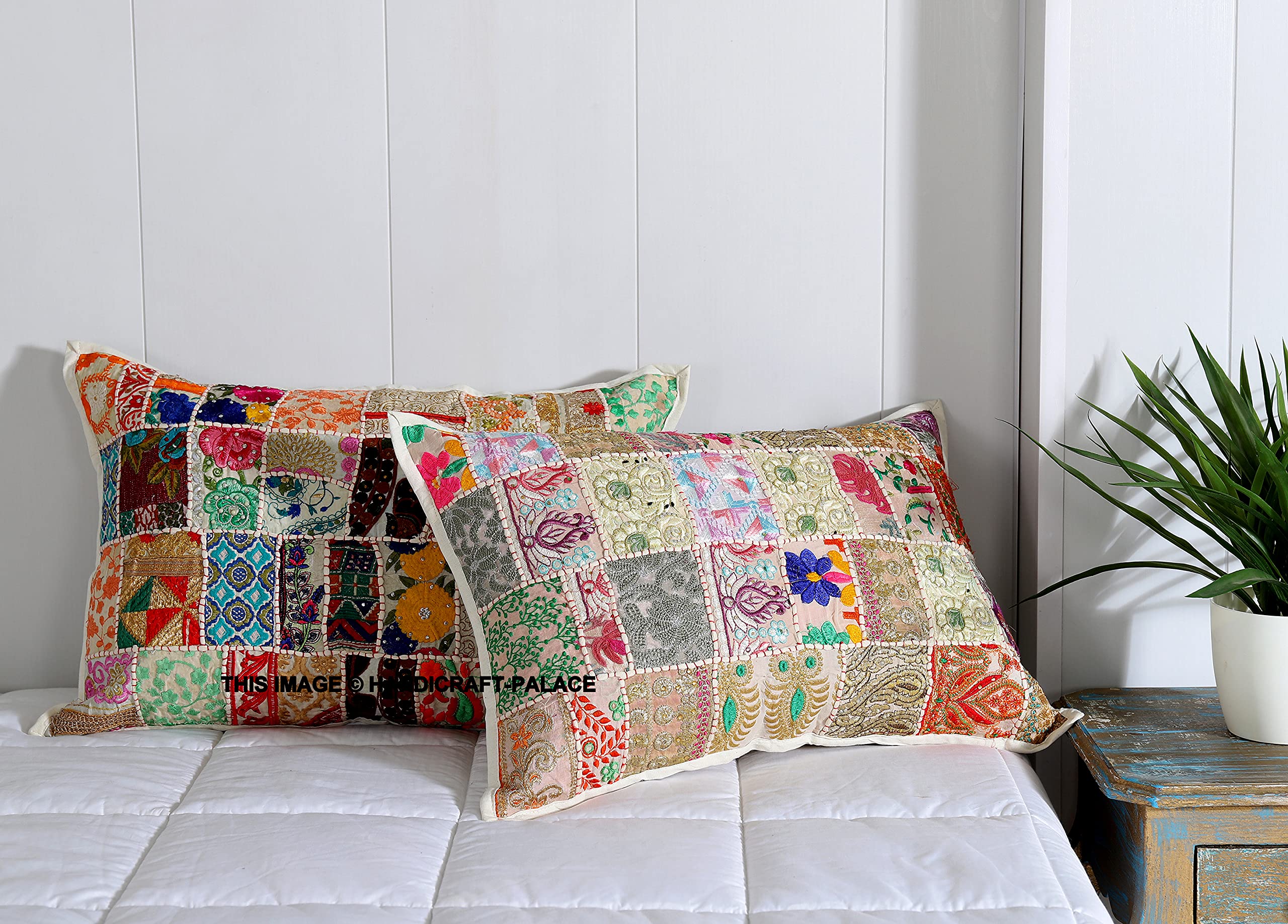 Ravaiyaa - Attitude is everything Decorative Bed Sofa Pillow Case Handmade Khambadia Decor Cushion Cover Embroidered Floral Decor Pillow Caver 24"x16" (2 PC, White)