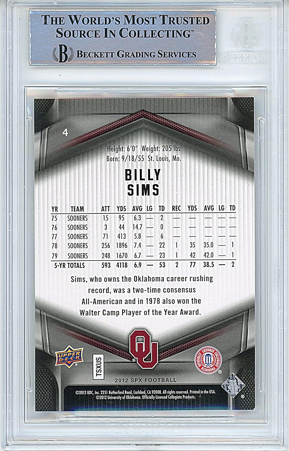 Billy Sims Autographed 2012 Upper Deck SPX Football Trading Card Slab Beckett BAS Authentic Slabbed COA Played For Oklahoma Sooners NCAA Detroit Lions NFL