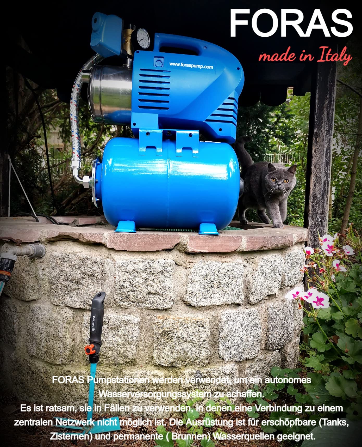 FORAS Hauswasserwerk JXF106N - Bomba centrífuga eléctrica autoaspirante, fabricada en Italia, funcionamiento continuo, 230 V, 0,74 kW, caudal de 63 l/min, presión de 48 m, automática, depósito de 24 L