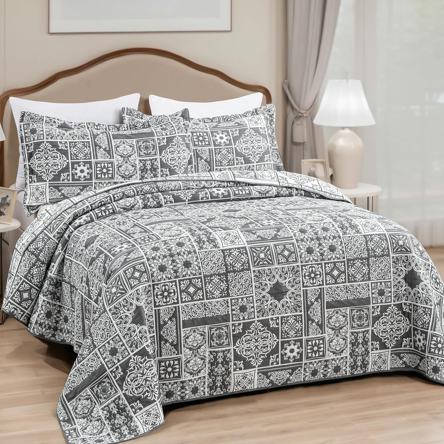 Asuexpect 3 Piece Grey Patchwork Bedspread Sets King Size, Boho Reversible Jacquard Bedding Set for All Season, Soft Lightweight Comforter Bedspread Coverlet Set (106''x96'') with 2 Shams