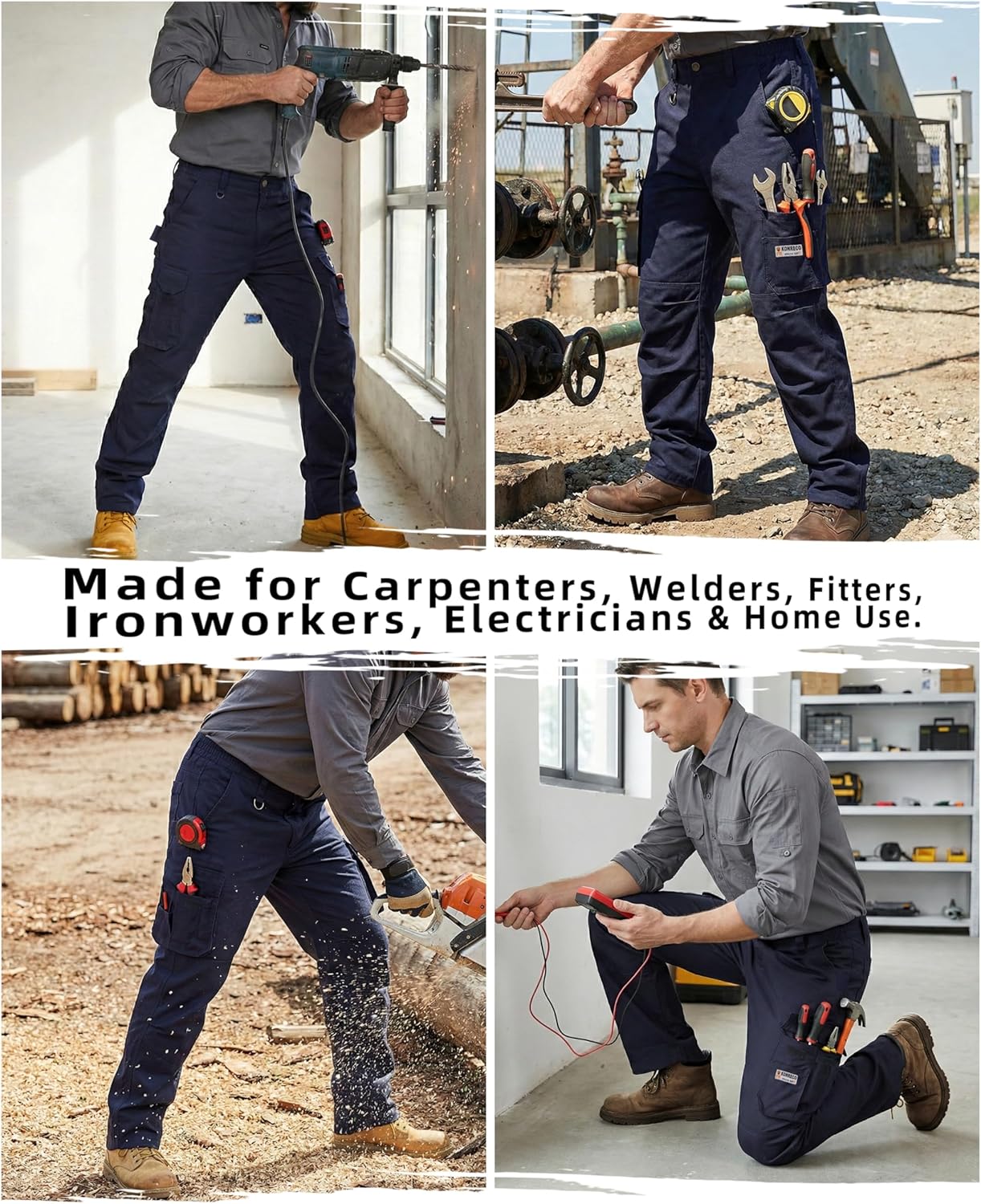 KONRECO FR Pants for Men Utility Cargo Pockets Flame Resistant Carpenter Jeans 8.5oz Stretch Soft Relaxed Fit NFPA2112 CAT2