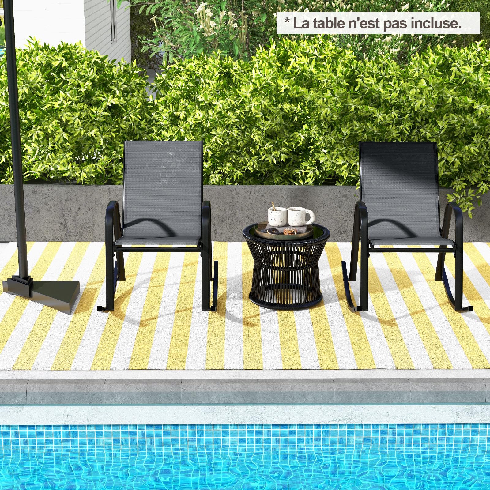 GOPLUS Lot de 2 Fauteuil Jardin Exterieur à Bascule en Textilène, 62 x 91 x 86 CM, Rocking Chair Cadre Métal avec Dossier Incurvé et Accoudoir Ergonomique, Charge de 150 KG, pour Jardin, Balcon (Noir)