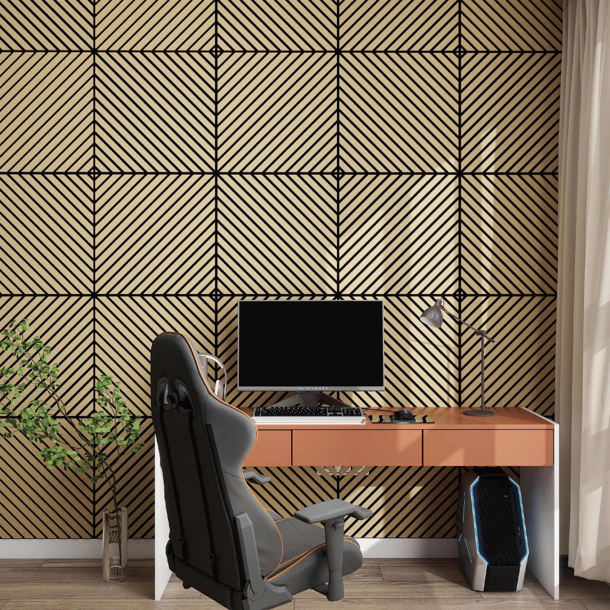 NEU.HOLZ Panel de Pared 3D Vang Juego de 4 Paneles Acústicos (1,44 m²) Revestimiento Mural 20 Listones Diagonales Decorativos Estilo Escandinavo en MDF y Fieltro PET 60 x 60 x 2 cm - Roble