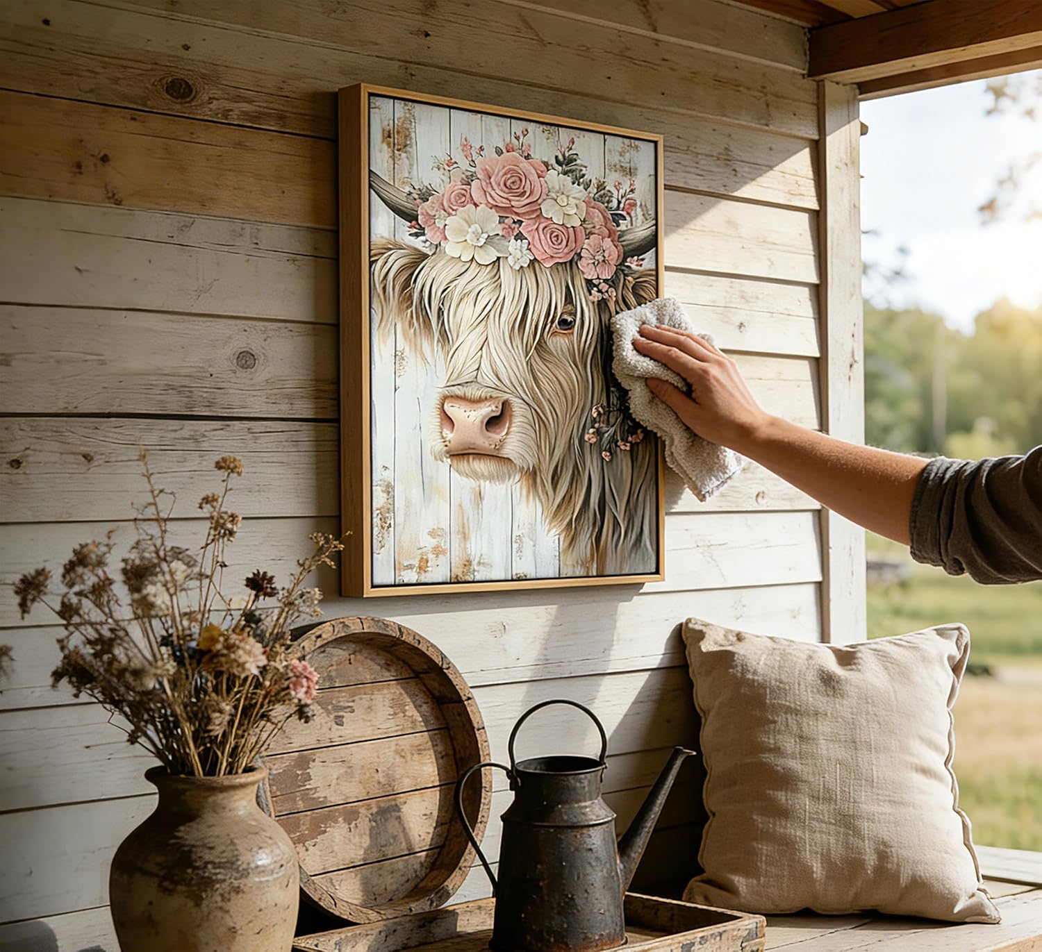 Framed Funny Highland Cow Canvas Wall Art Country Farmhouse Poster Print Artwork Cute Animal Painting Picture Wall Decor for Bedroom Living Room Bathroom Farmhouse Home Decoration