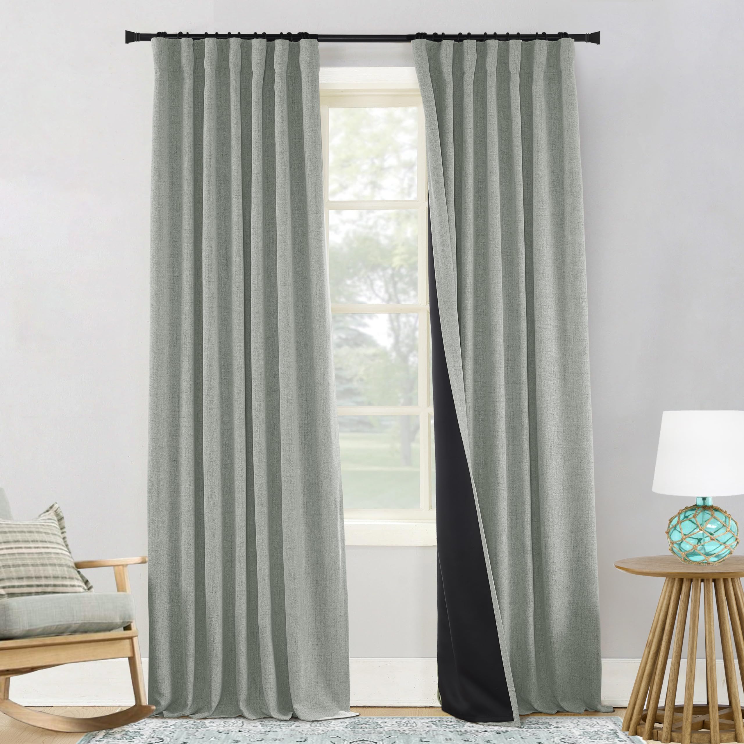 Dusty Aqua Linen Blackout Curtains for Bedroom,Room Darkening Thermal Insulated Back Tab Window Curtain Drapes for Living Room with Hooks,Set of 2 Panels,50x84 Inches Long,Grey Seafoam/Mint Green