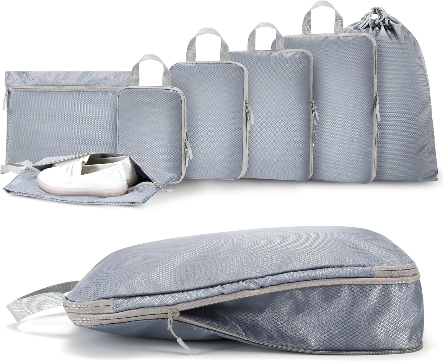 Packwürfel Kompression für die Reise - Extrem platzsparender Koffer-Organizer-Set, wasserdichte Packtaschen für Koffer oder Rucksack, 7er-Set Compression Packing Cubes