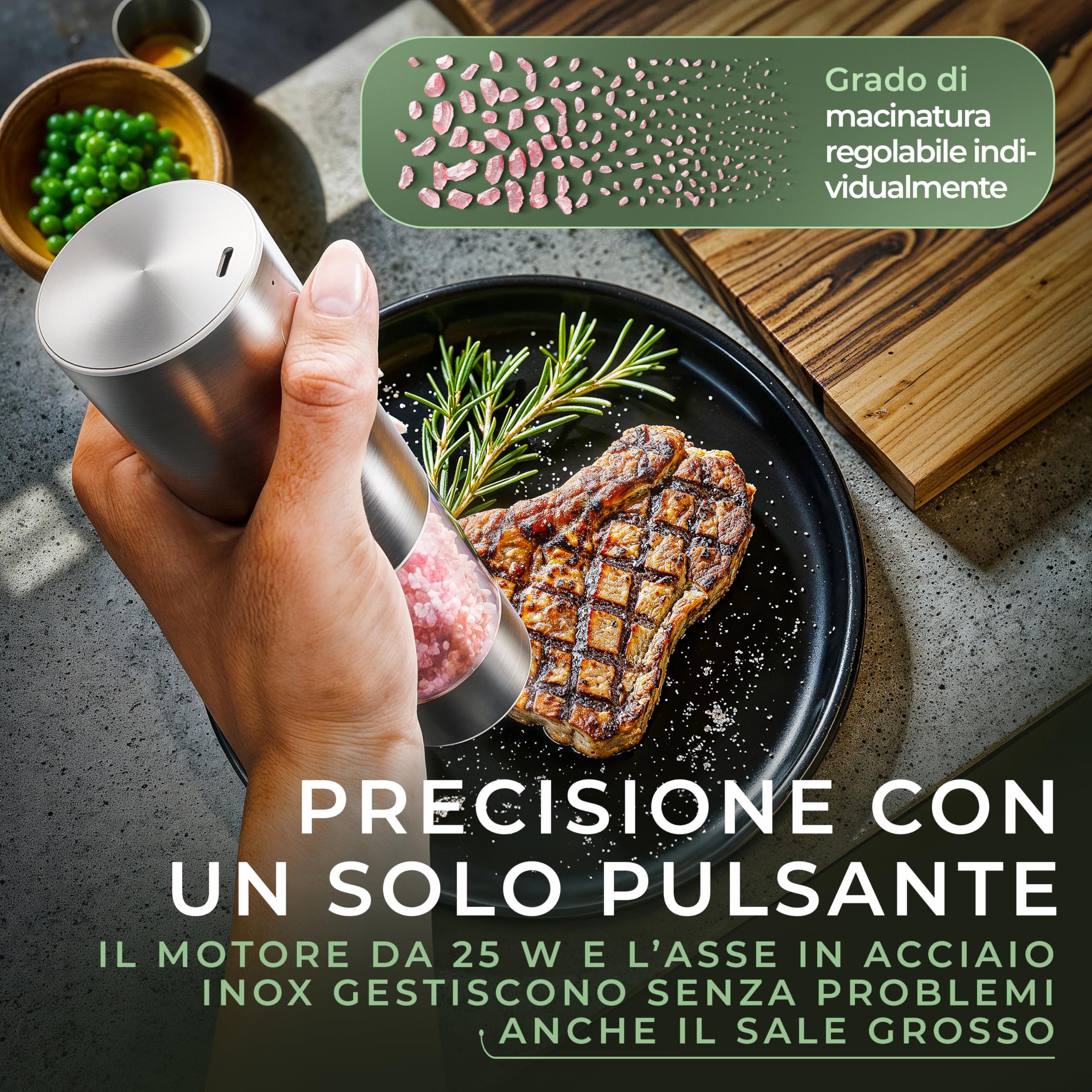 Macina Sale E Pepe Elettrico A Gravità, Con Regolazione Grossezza E Luce LED Blu, Funzione One-Hand, 2 Pezzi