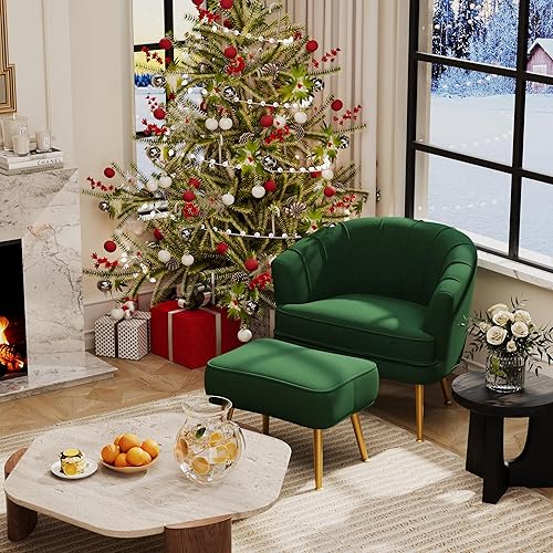 Miniatura 5 de Andeworld Silla decorativa de terciopelo con otomana, moderna silla lateral tapizada, cómoda silla de sala de estar con patas de metal dorado para