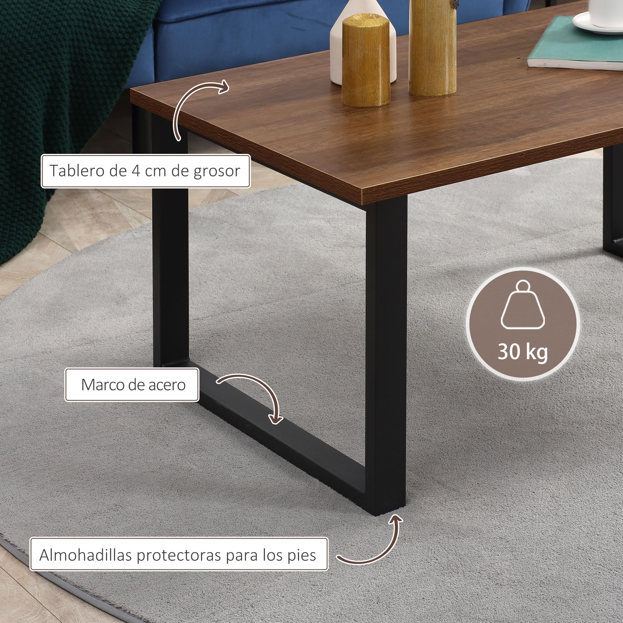 HOMCOM Mesa de Centro Rectangular Mesa de Salón Industrial con Tablero de Madera y Marco de Acero para Oficina Dormitorio Estudio 100x60x50 cm Natural