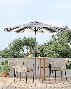 9FT Outdoor Patio Umbrella, Outdoor Table Umbrella, Market Umbrella with Push Button Tilt and Crank, 8 Sturdy Ribs UV Protection Waterproof for Garden, Deck, Pool (Light-blue-and-white striped)