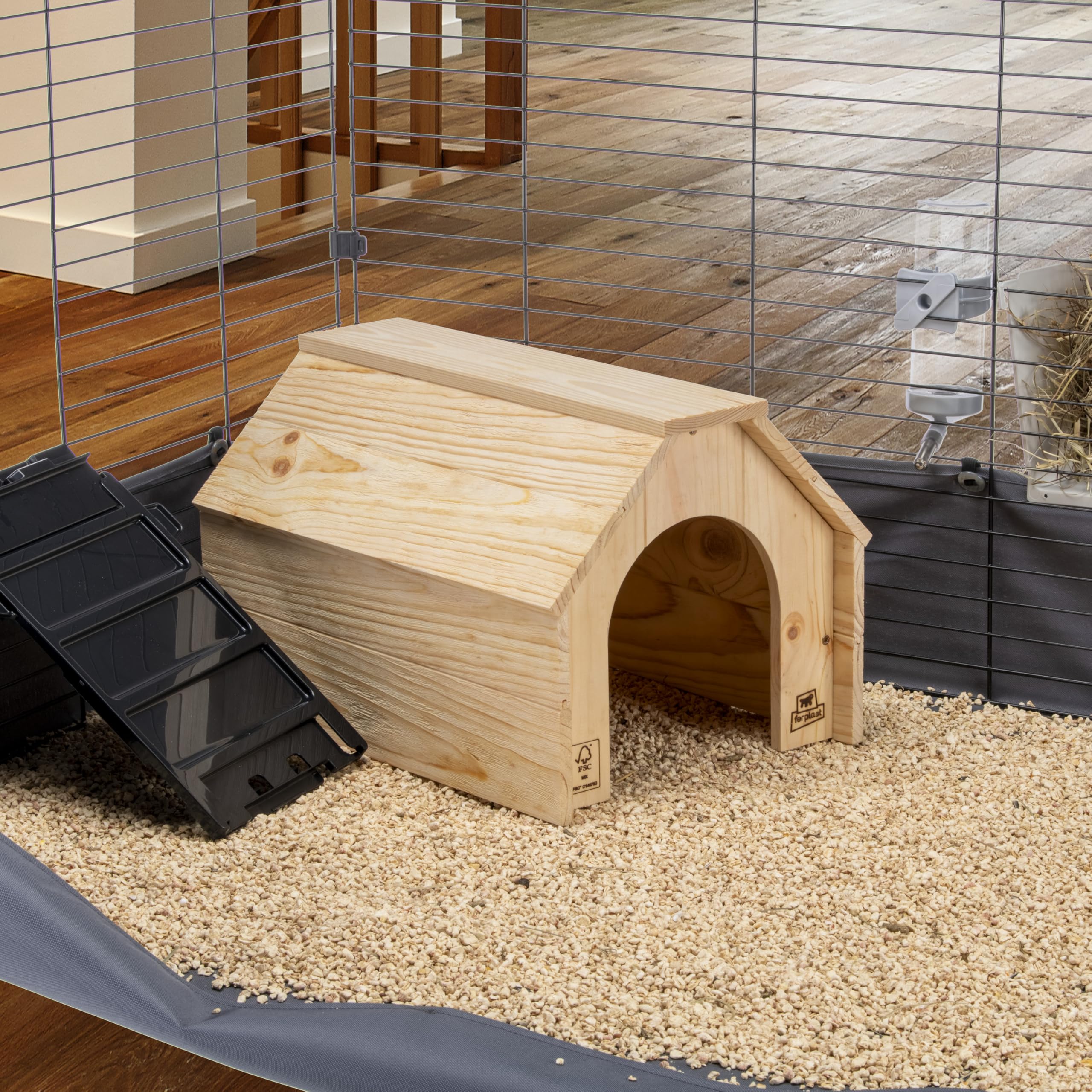 Ferplast Holzhaus für Kaninchen, Meerschweinchen & Hamster HIDDA, Kleintierhaus aus FSC®-zertifiziertem Holz, Gebürstete Optik, Schnellmontage-Set, 39 x 28 x H 25 cm, Größe L