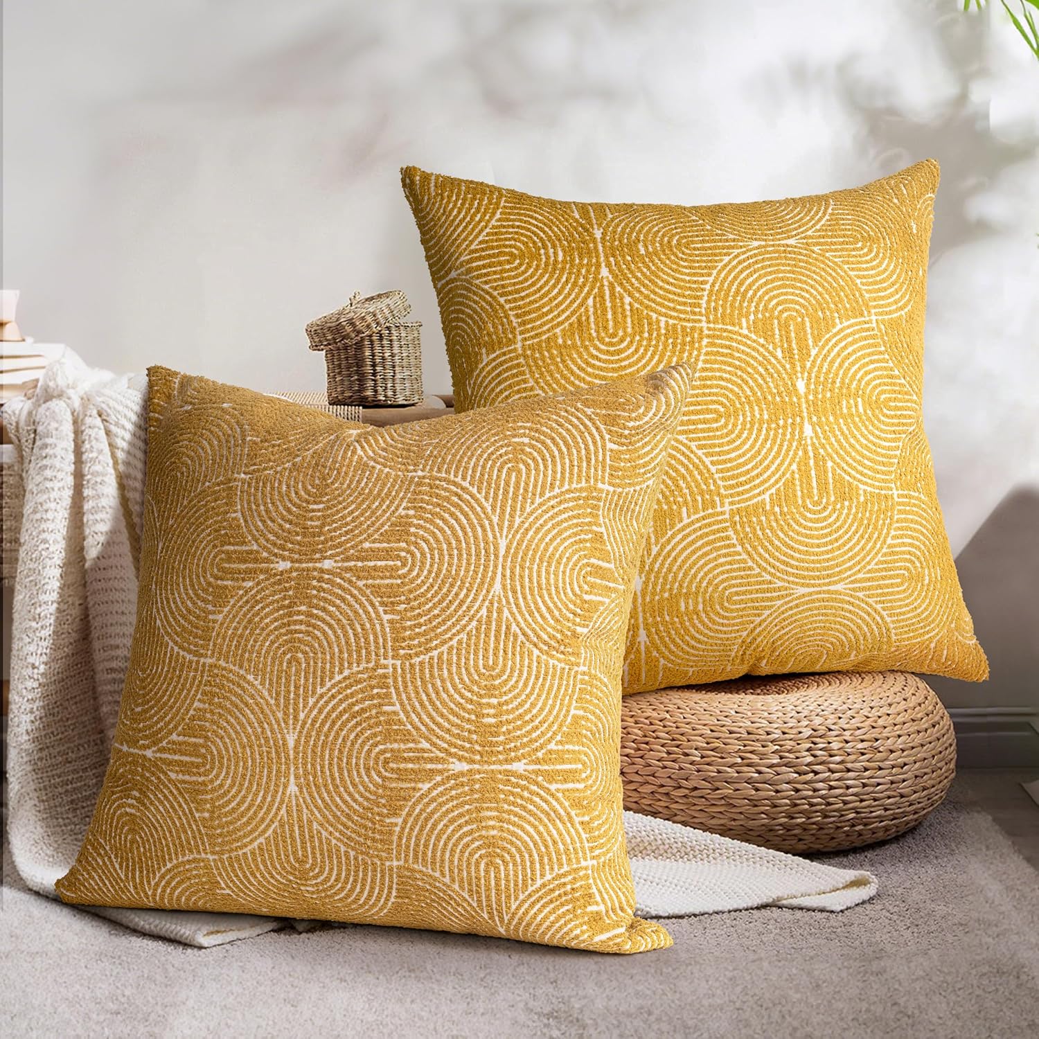 AELS Boho Decorative Textured Throw Pillow Covers 26x26, Organic Modern Mid Century Rainbow Tufted Pillow Case, Farmhouse Rustic Geometric Woven Cushion Case for Bed Couch Sofa, Mustard Yellow