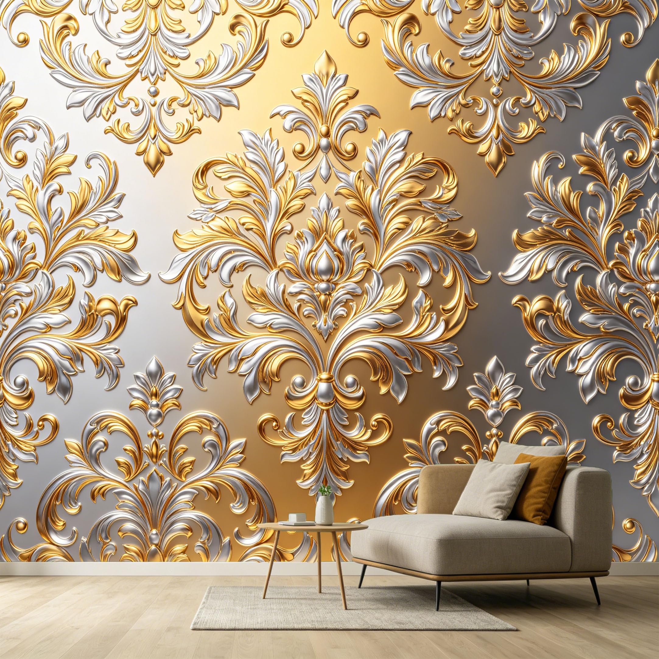 Custom Size Wall Murals Neoclassical Gold Silver Damask Pattern 3D Embossed Textured SelfAdhesive Wall Fabric Removable Large Wallpaper for Photo Living Room