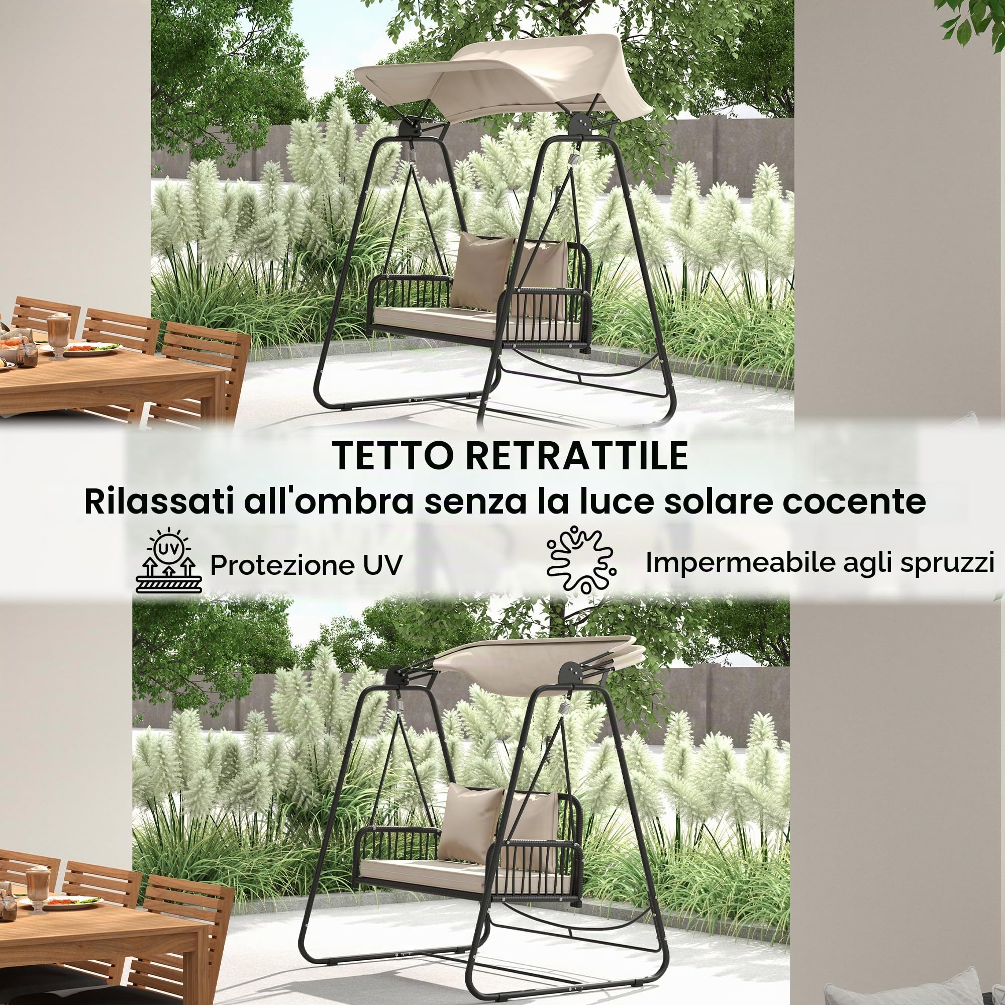 Outsunny Hollywood swing rattan 2 posti con cuscini parasole regolabili panca sospesa fino a 240 kg di portata panca sospesa per giardino balcone 149 x 121 x 180 cm kaki