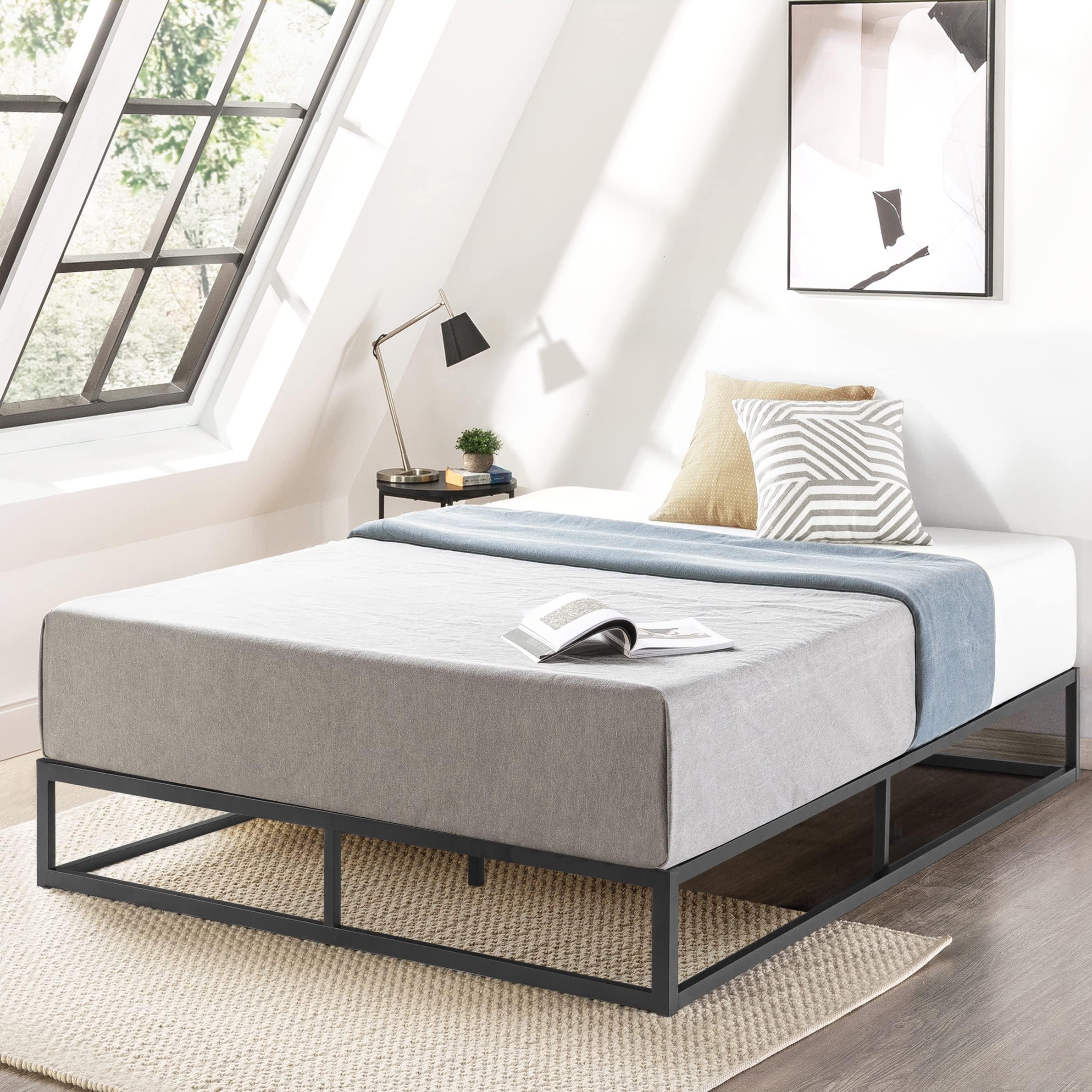 Modernista Low Profile 10 Inch Metal Platform Bed Frame with Classic Wooden Slat Support Mattress Foundation (No Box Spring Needed), Twin, Black