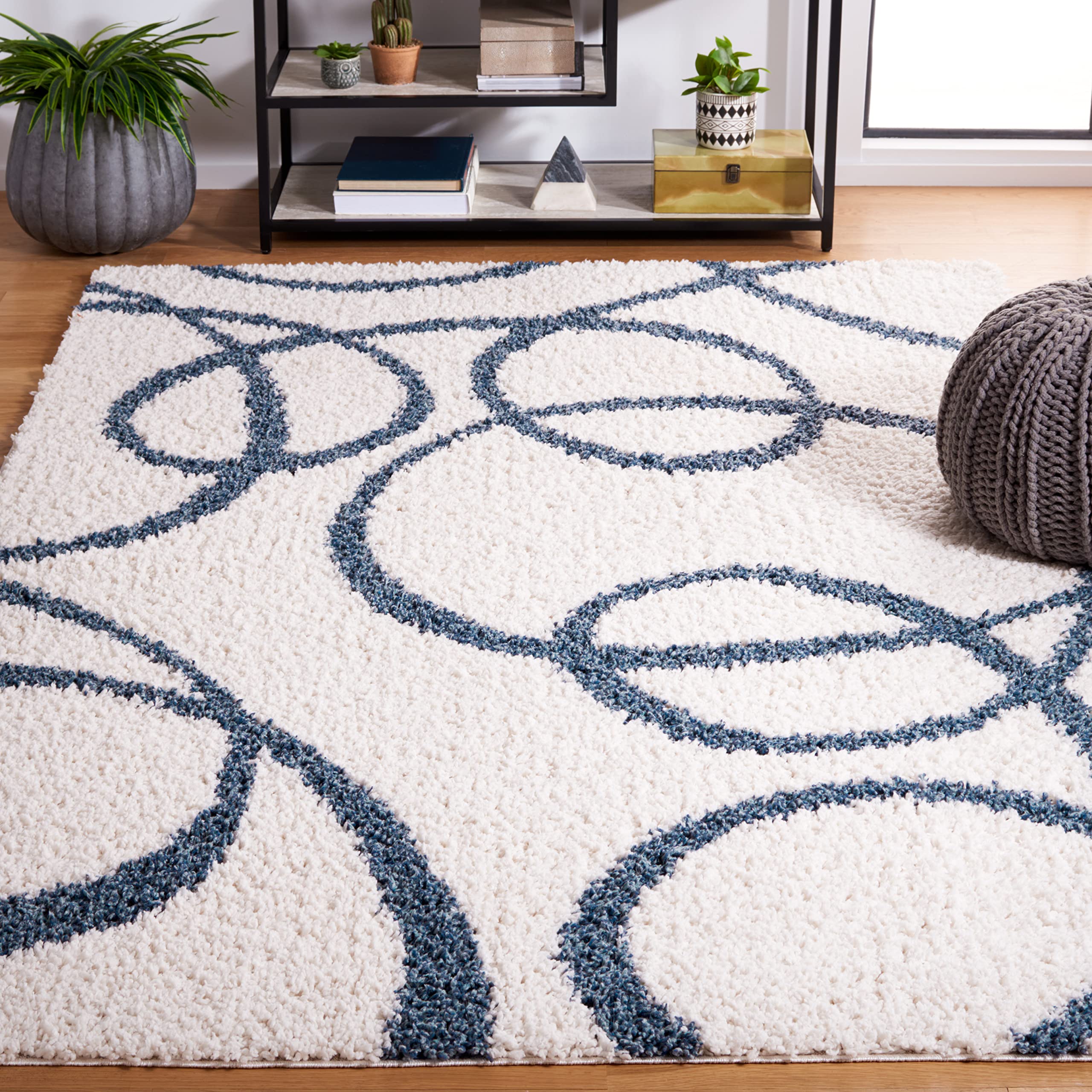 SAFAVIEH Calico Shag Collection Area Rug - 9' x 12', Ivory & Blue, Modern Abstract Design, Non-Shedding & Easy Care, 1.6-inch Thick Ideal for High