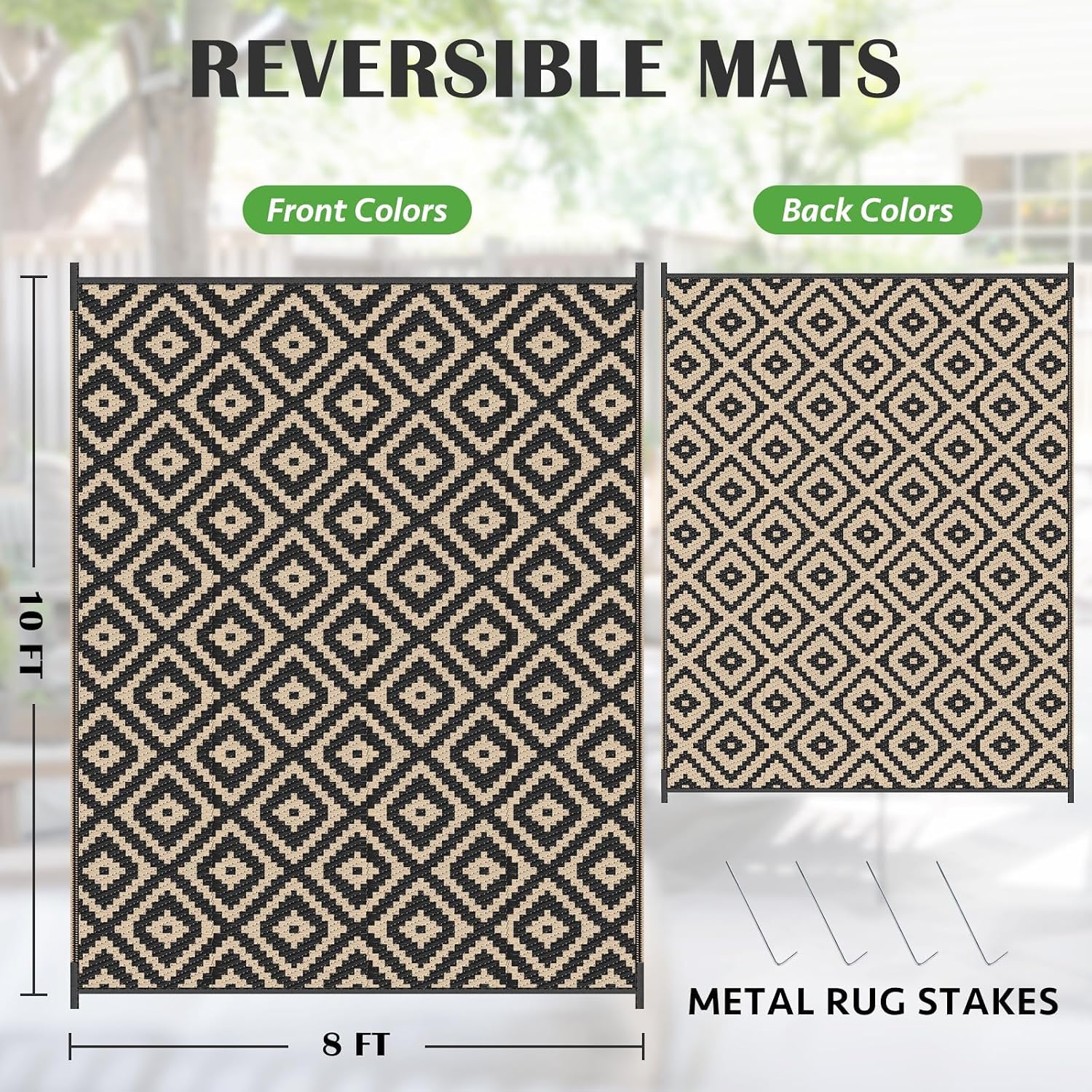 Mattitude Waterproof Outdoor Rug 8x10 Ft Outdoor Plastic Straw Rug Reversible Patio Rug Large Outdoor Carpet Area Rug for Patio Backyard Picnic Beach Camping RV Black & Beige