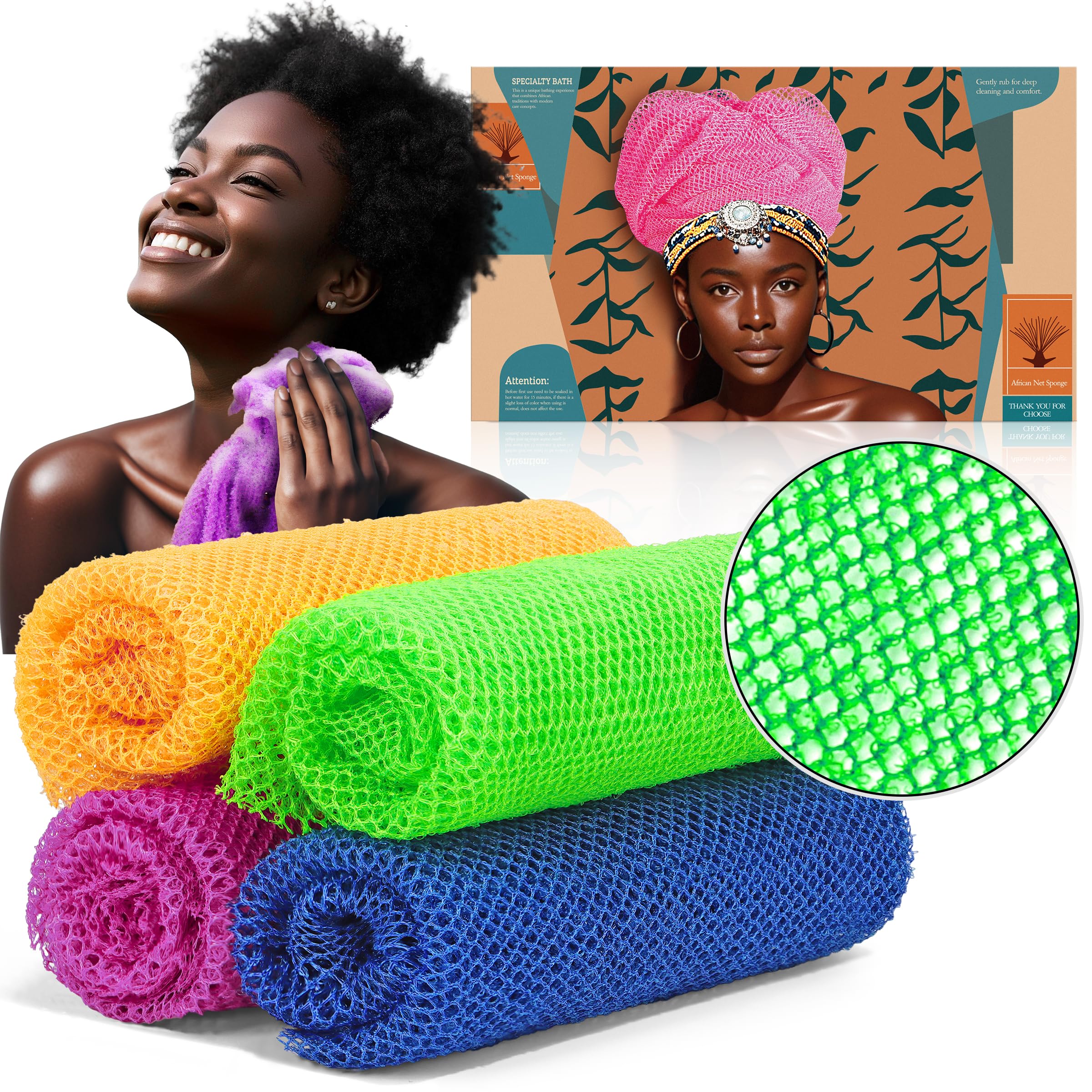 SpiralScgv African Net Sponge Exfoliating Body Scrubber - Long Bath Sponge for Shower, Back Cleanser Smoother, Natural Exfoliation, Gentle for
