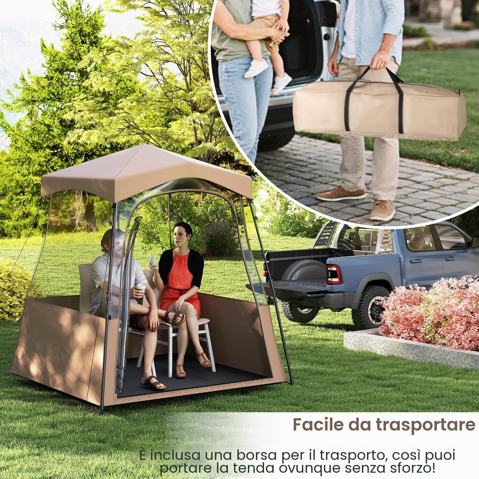 HOMASIS Tenda da Campeggio Trasparente a 360°, Tenda Pop Up con Borsa per il Trasporto, 8 Picchetti e 4 Corde Antivento, Impermeabile e Antivento, per Pesca, Birdwatching