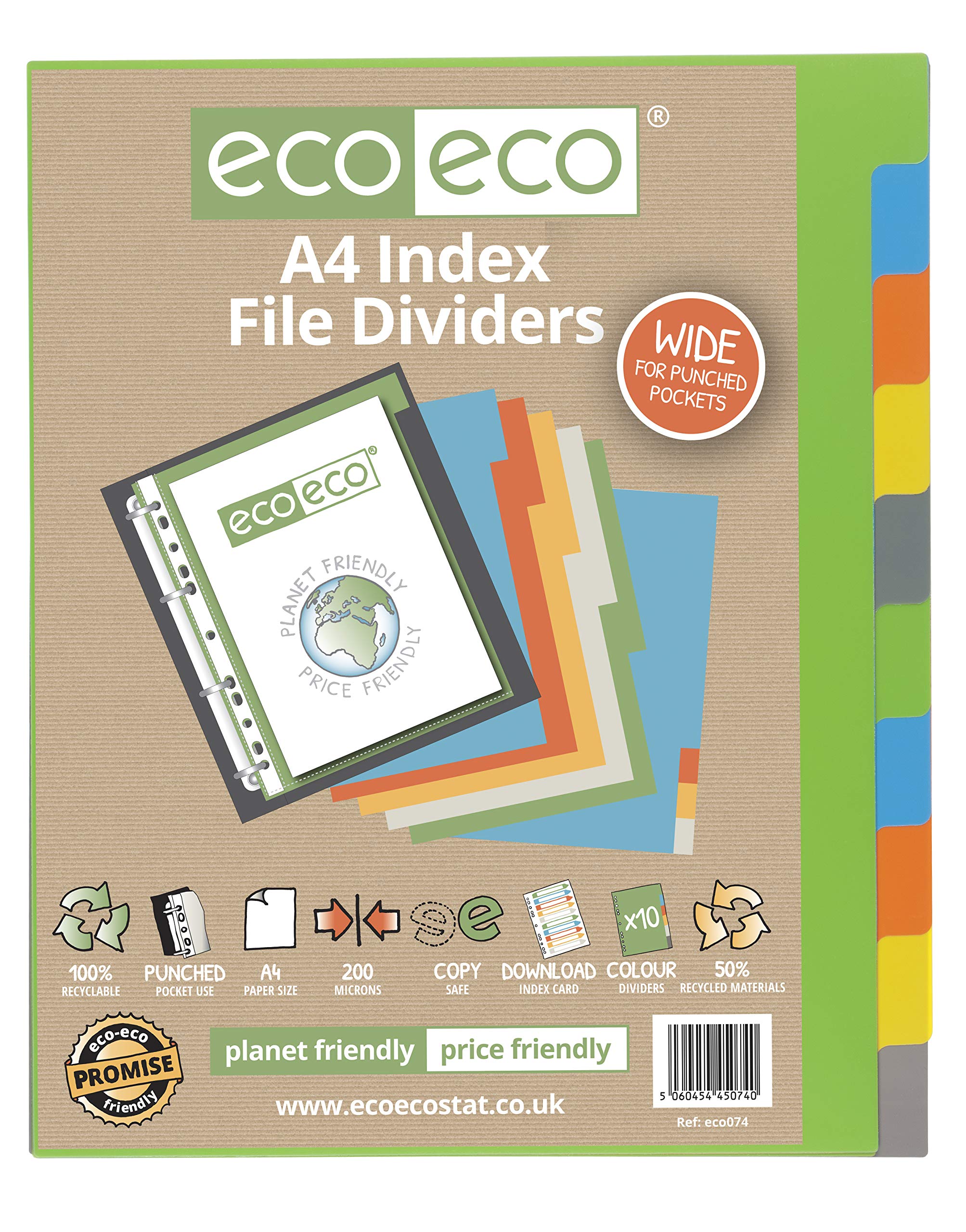 A4 Index File Dividers - Set of 10 Blank Extra Wide Width Coloured Coded Tabs, Strong Plastic Ideal for Home, Office, Business, Professional, Organise Documents by 4 Square - 89074 (12 Sets)