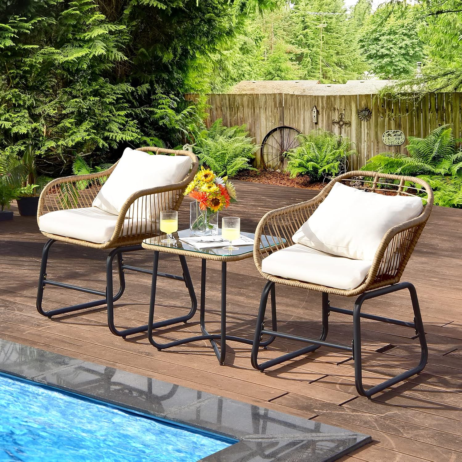 Tangkula 3 Pieces Outdoor Bistro Set, Patiojoy All Weather Rattan Armchairs and Coffee Table Set w/Cushions & Pillows, Patio Wicker Conversation Furniture for Balcony, Poolside, Backyard, Garden