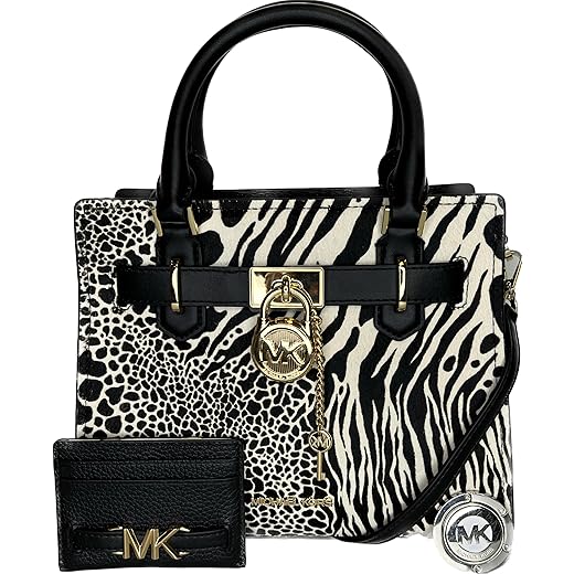 Michael Kors MICHAEL Michael Kors Hamilton SM Satchel bundled with Slim Card Case Wallet Purse Hook (Black Haircalf/Black)