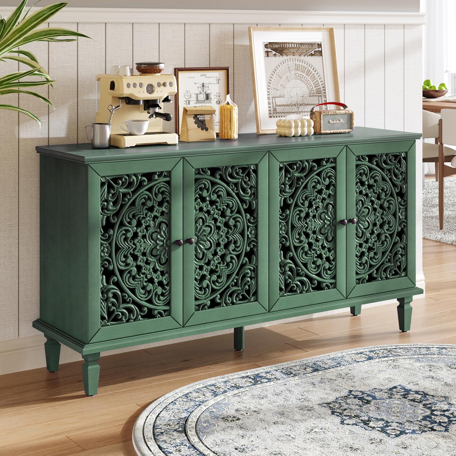 Vintage Sideboard Buffet Table Accent Credenza Storage Cabinet with 4 Hollow Carving Doors Adjustable Shelves Wood Legs for Kitchen Dining Living Room Entryway 60 Inch Antique Green