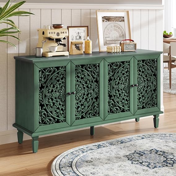 Vintage Sideboard Buffet Table Accent Credenza Storage Cabinet with 4 Hollow Carving Doors Adjustable Shelves Wood Legs for Kitchen Dining Living Room Entryway 60 Inch Antique Green