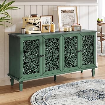 Vintage Sideboard Buffet Table Accent Credenza Storage Cabinet with 4 Hollow Carving Doors Adjustable Shelves Wood Legs for Kitchen Dining Living Room Entryway 60 Inch Antique Green