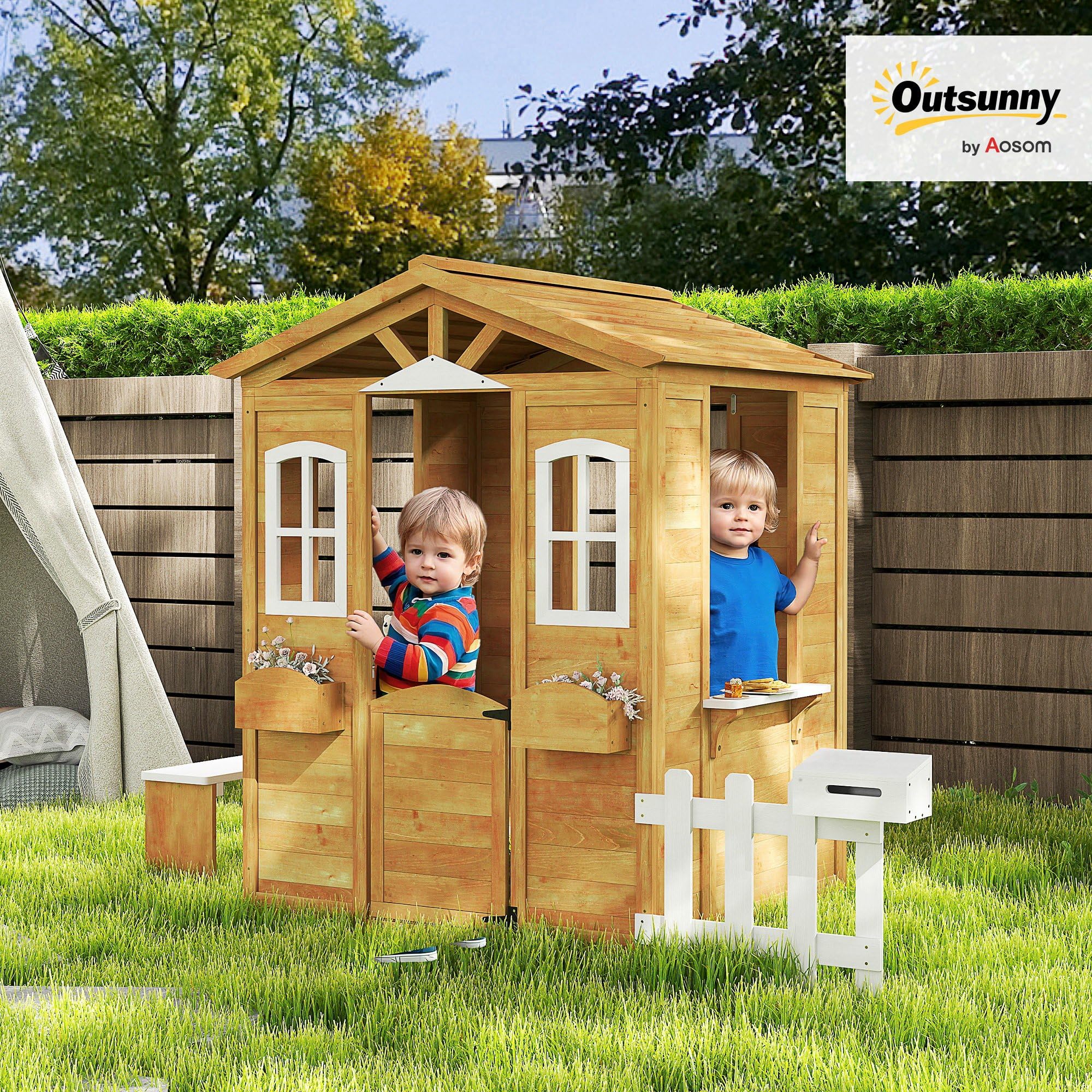 Outsunny Casita Infantil Exterior de Madera Casita Infantil de Jardín con Buzón Ventanas Jardinera Mostrador y Banco Casa de Juegos para Niños a Partir de 3 Años Natural