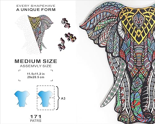 Miniatura 3 de HARTMAZE Rompecabezas de madera decorativo de elefante HM-06, rompecabezas de tamaño pequeño, 171 piezas de rompecabezas de formas únicas, hermoso
