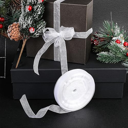 Vista 31 de Outus Outus - Cinta de organza transparente brillante para envolver regalos, cinta de gasa transparente, cinta de tul de malla (blanco, 1.6 pulgadas)