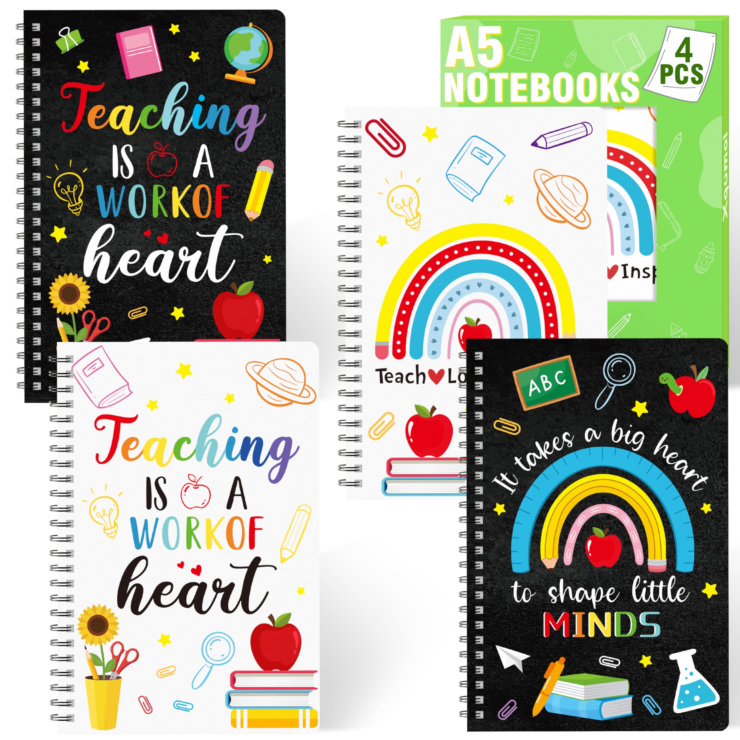 Xqumoi 4 Pack Black White A5 Teacher Spiral Notebooks - Teaching is A Work of Heart Ruled Journal Writing Notebooks Teacher Appreciation Gift Back to