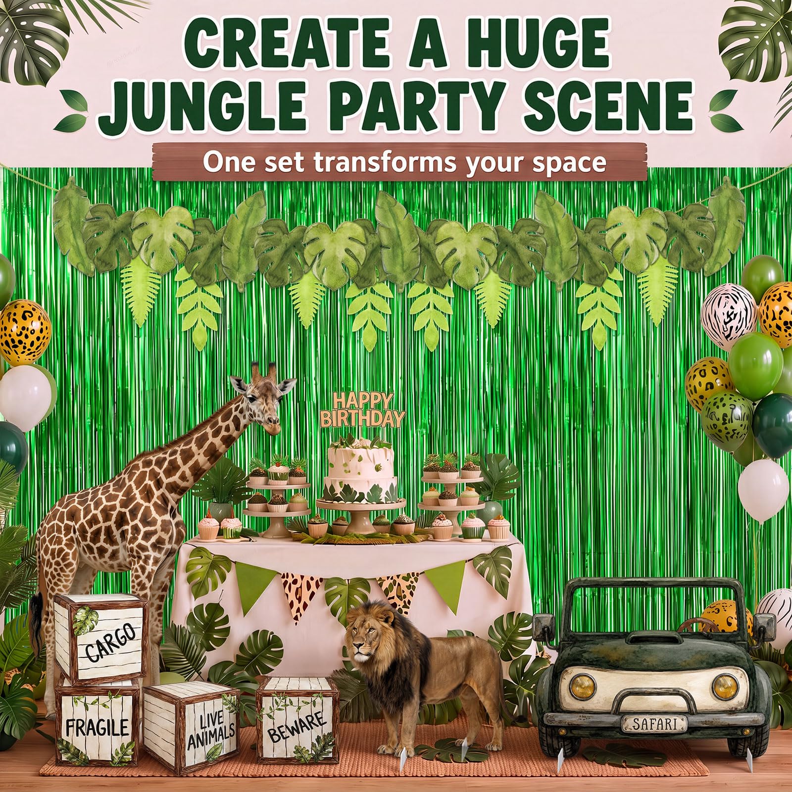 Jenaai 25 decorazioni per feste safari nella giungla grande kit con tenda verde con frange verdi, striscione con foglie di palma, sagoma per auto safari con giraffa leone e scatole per forniture per