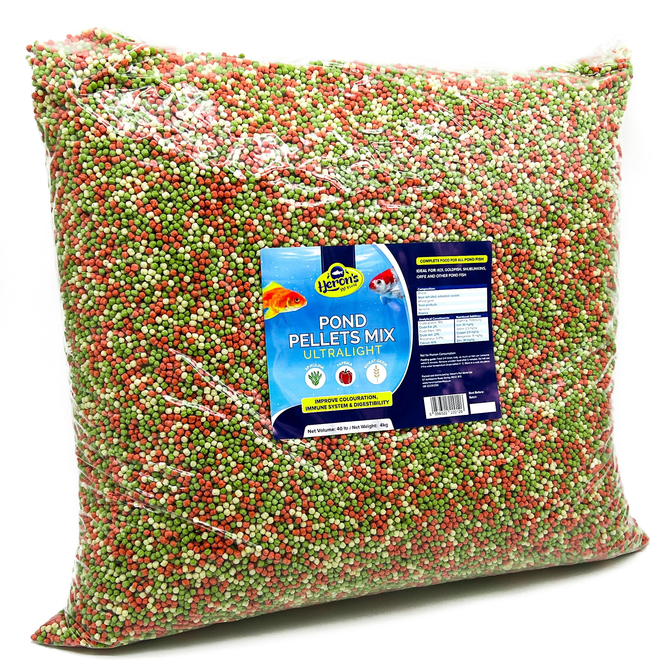 HERONS - Pond Pellets Mix Ultralight 40L / 4kg - Floating Pellets for Koi, Carp and Coldwater Fish - Immune System Boost - With Spirulina and Paprika - Complete Feed for Pond Fish - 4 KG