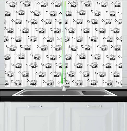 Ambesonne Cortinas de cocina para cámara, dispositivos fotográficos retro de los años 80, diseño de videos, cortinas de ventana, juego de 2 paneles