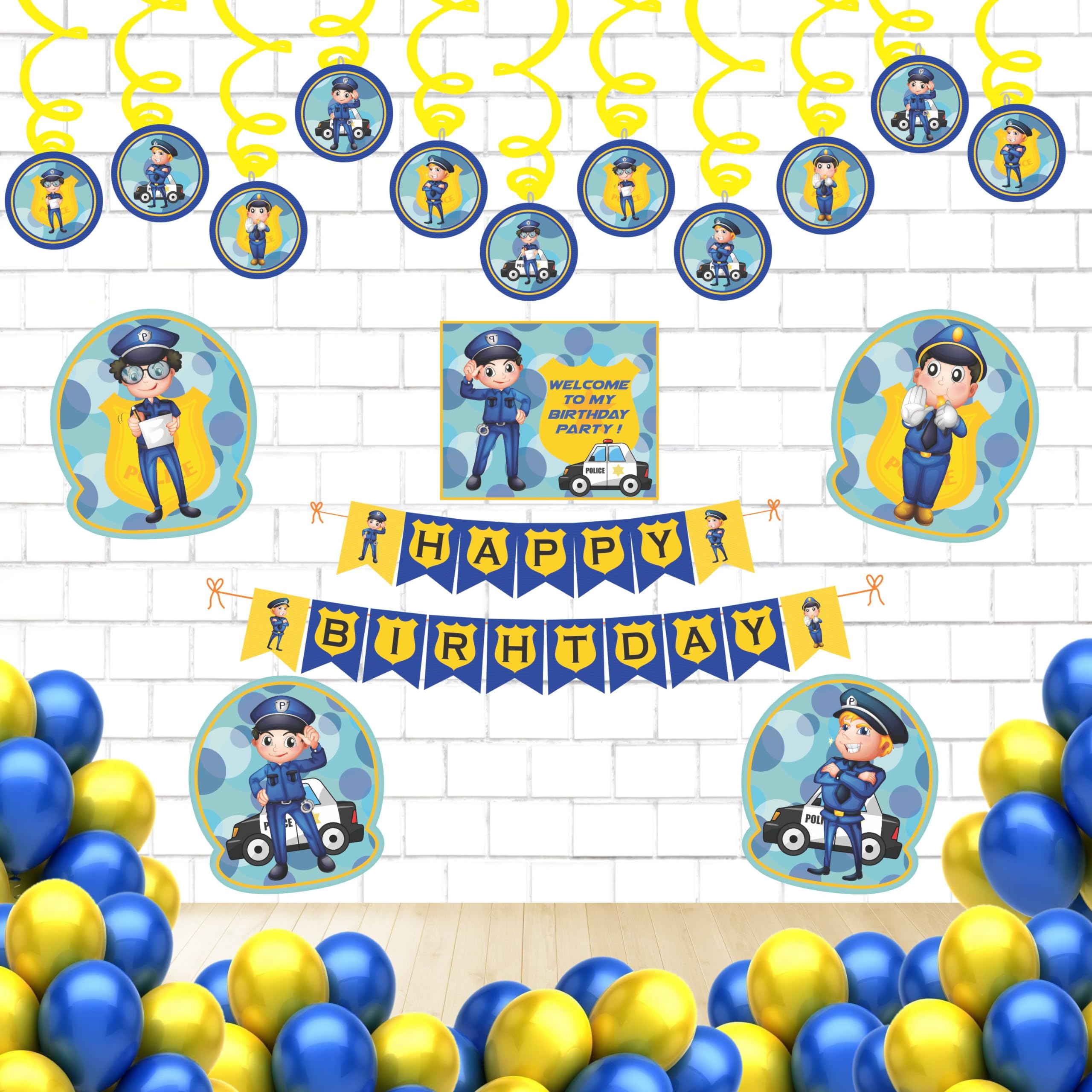 Untumble Police Theme Birthday Decoration Kit for Boys | Happy Birthday Banner, Swirls, Posters & Blue-Yellow Balloons | Pack of 56 Pcs-image-0