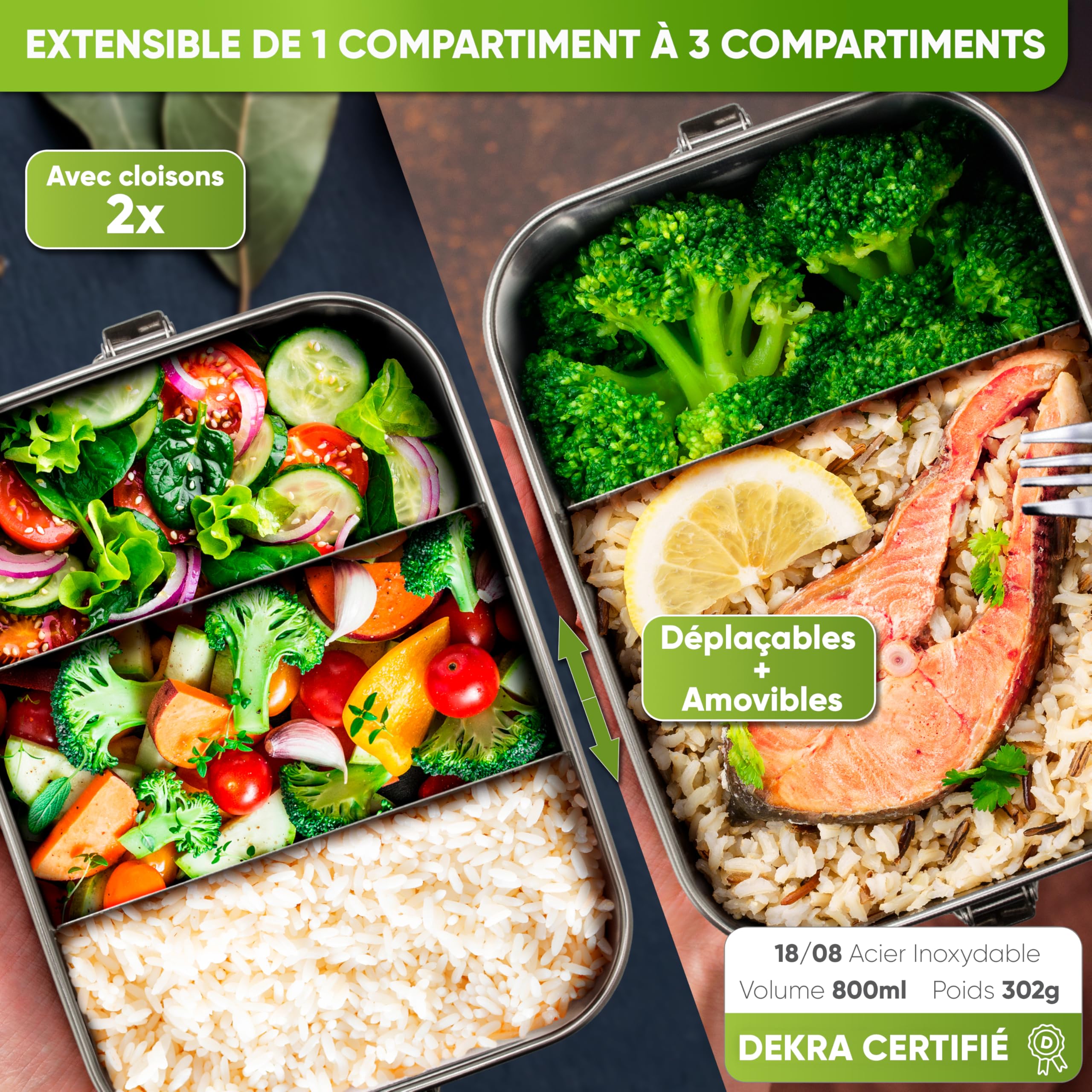 Blockhütte Personnalisé Lunch Box en Inox avec 2 cloisons I 800ml I Bento Box Inox, Boite a Gouter Enfant et Adulte Hermétique I Boite Lunch - Lunchbox pour l'école ou travail