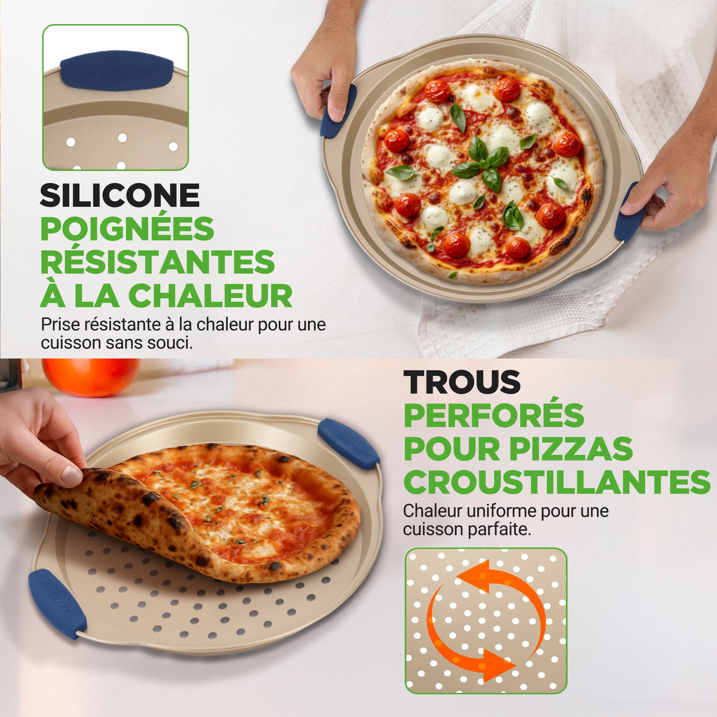 NutriChef Set de 3 Plaques à Pizza - Moules à Pizza Antiadhésif avec Poignée en Silicone avec Trous Perforés - Acier Carbone Durable - Tailles Petit, Moyen, Grand - Doré, Gold