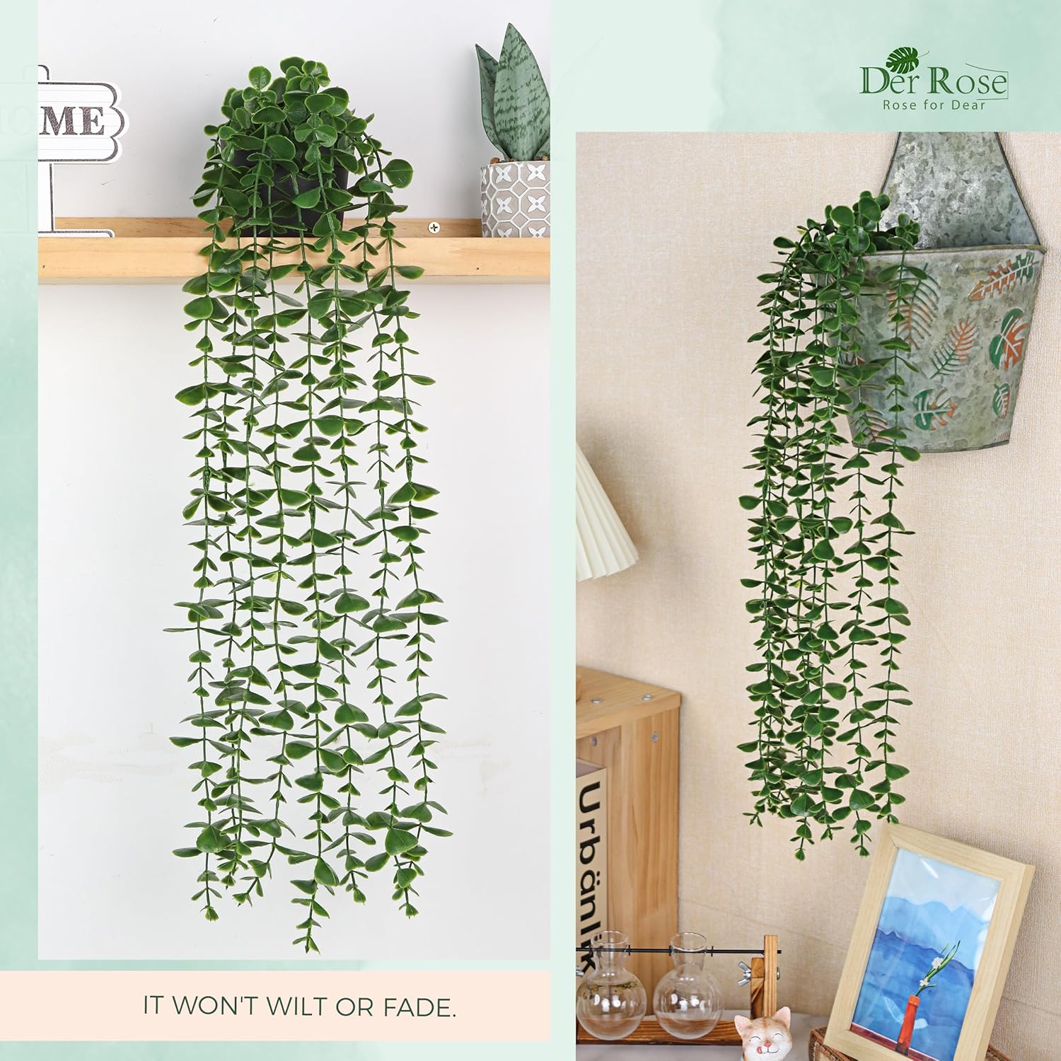 Der Rose 24.8'' Fake Hanging Plants Artificial Potted Eucalyptus Vine Plants Indoor and Outdoor for Office Home Living Room Bathroom Wall Shelf Decor (1Pack) - Image 4