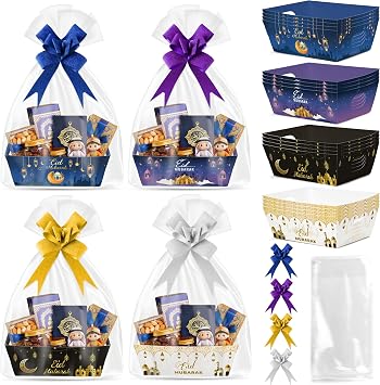 OSNIE Eid Mubarak Gift Bag Empty Baskets - 24 Sets Islamic Eid Gold Lantern and Moon Party Gift Baskets Empty with Cellophane Bags and Ribbons Bows for Festivals Holiday Business Carnival 4 Styles