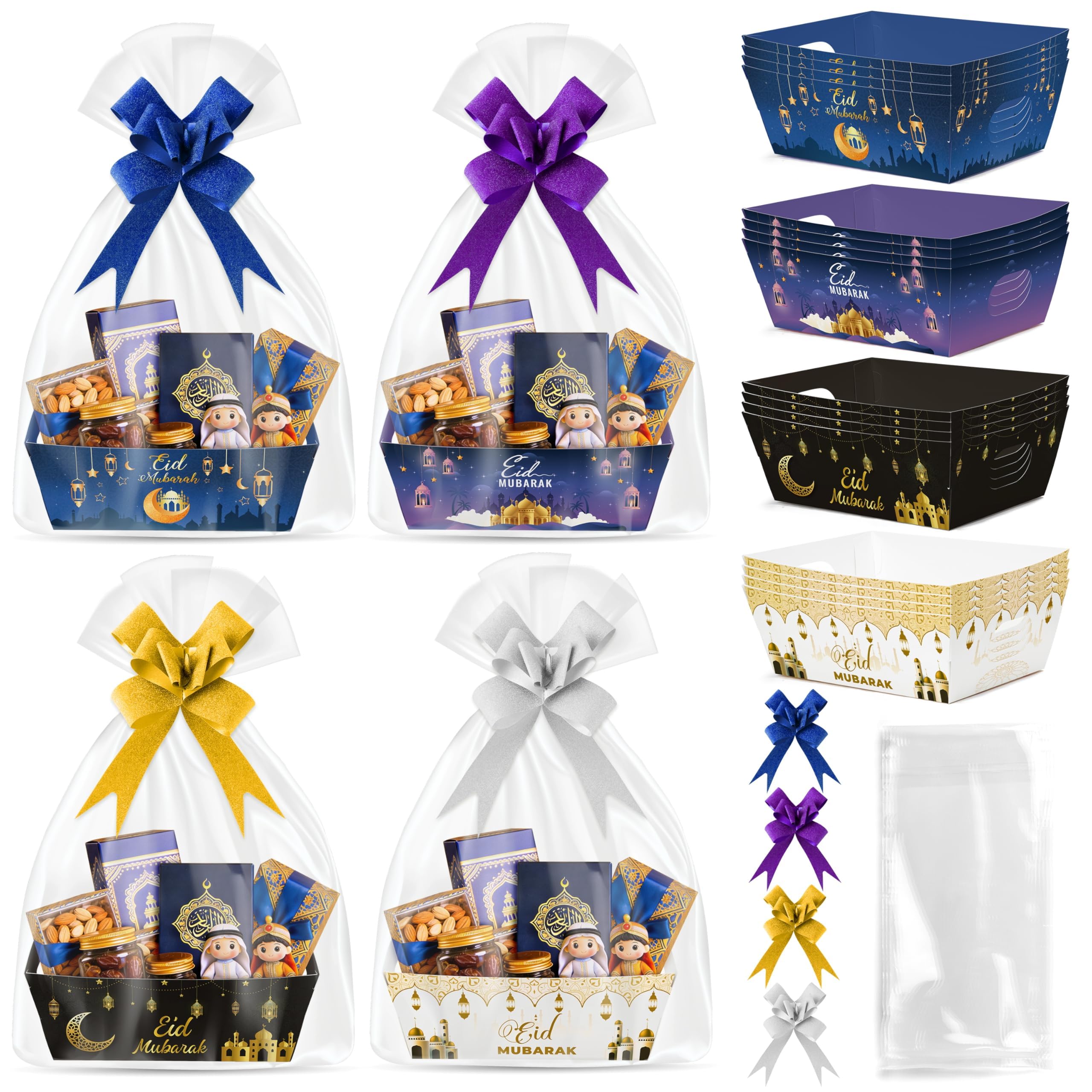 OSNIE Eid Mubarak Gift Bag Empty Baskets - 24 Sets Islamic Eid Gold Lantern and Moon Party Gift Baskets Empty with Cellophane Bags and Ribbons Bows for Festivals Holiday Business Carnival (4 Styles)