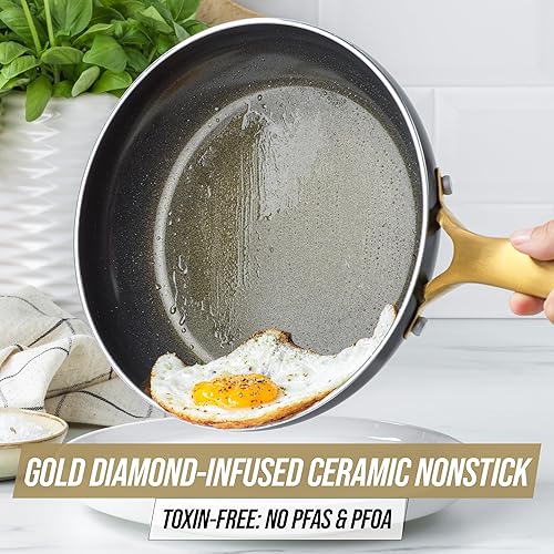 Miniatura 2 de Blue Diamond Gold - Juego de ollas y sartenes de cocina de 10 piezas, apto para inducción, cerámica antiadherente sin PFAS con infusión de diamante,