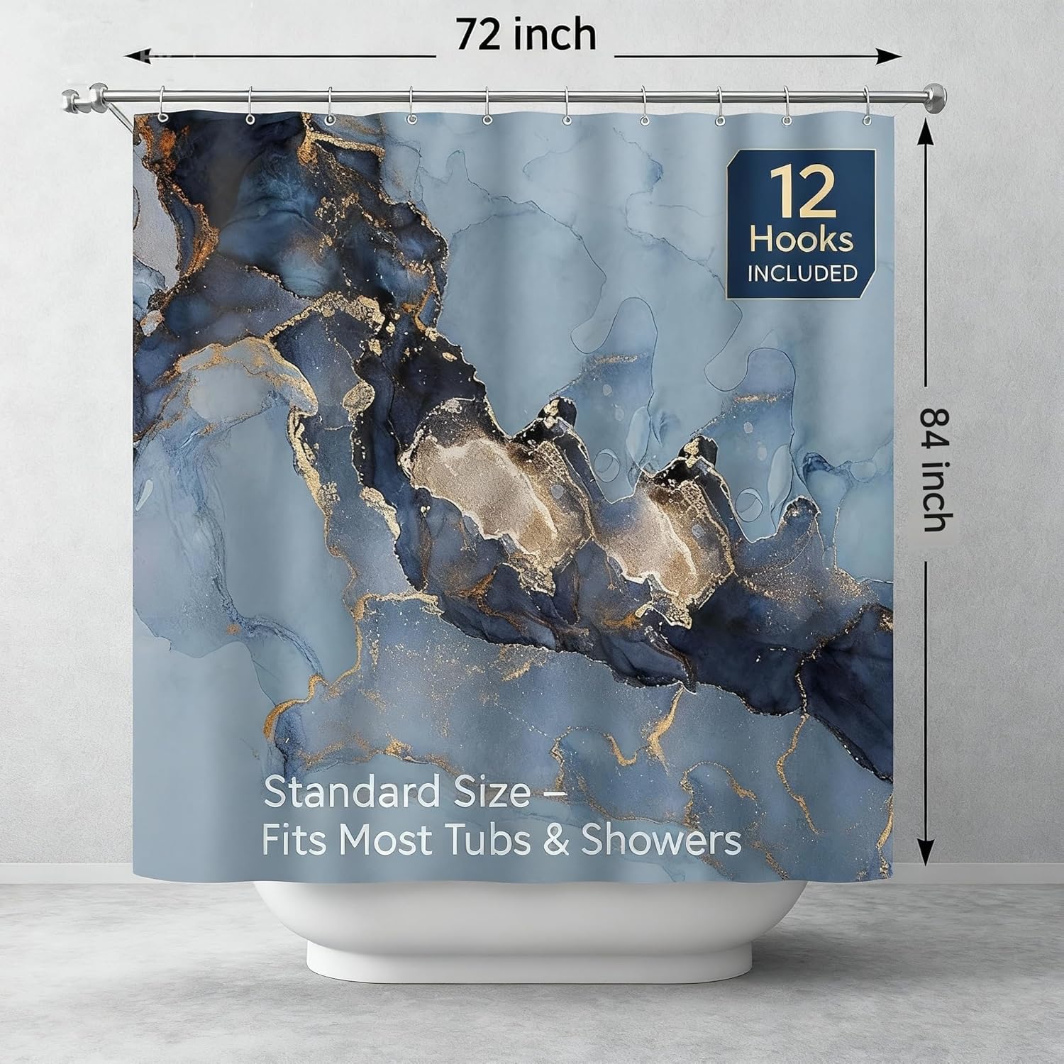 Domoku Marble Fabric Shower Curtain for Bathroom Decor, Modern, Luxury Standard,Waterproof, Washable,72 X 84, Blue,Sky Blue Gold