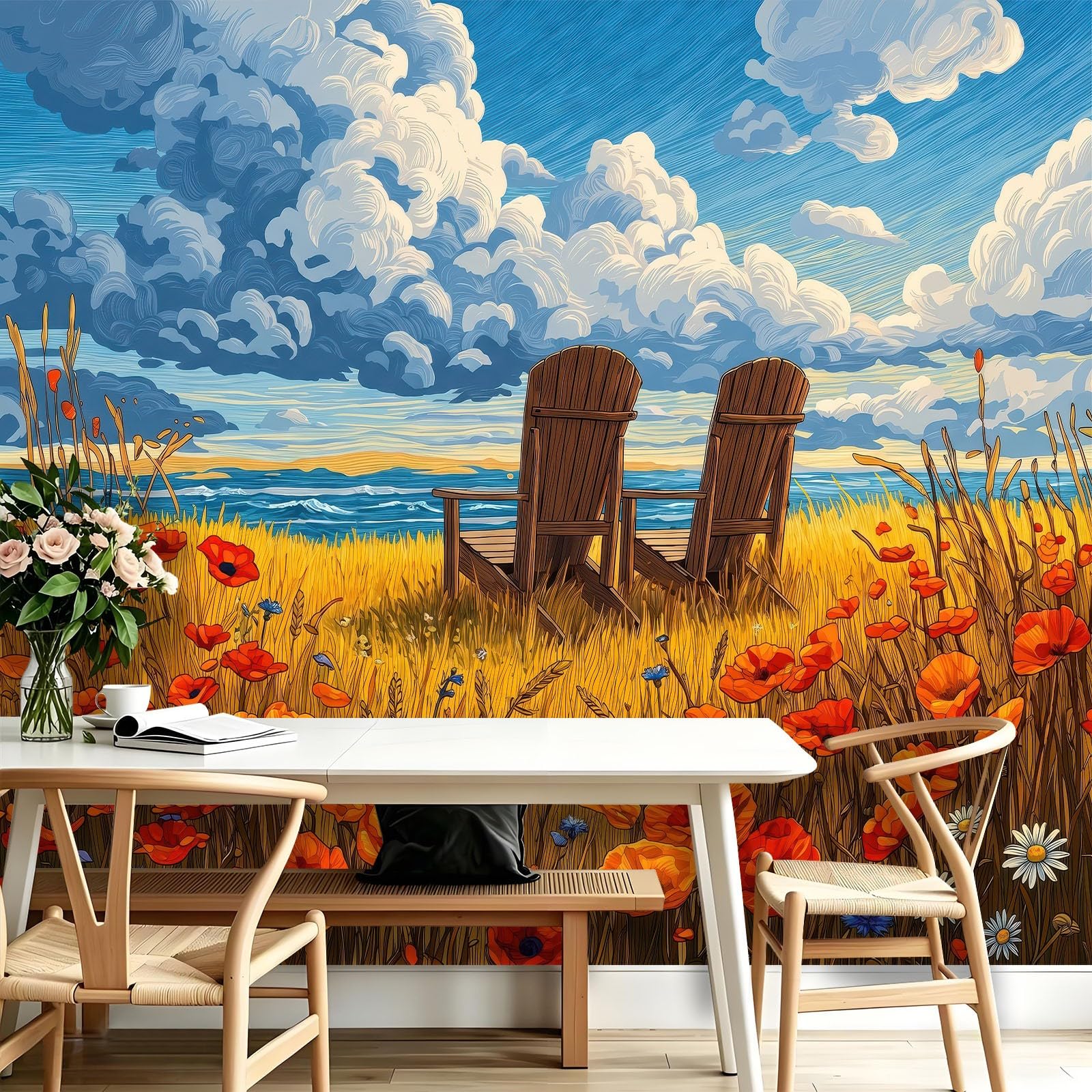 Kreskówka sielankowa fototapeta - 250 x 175 cm (szer. x wys.) fototapeta - trawa plażowa drewniane krzesło dekoracyjna tapeta do salonu, sypialni, biura i kuchni